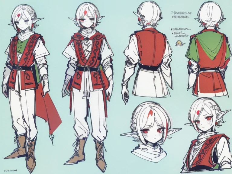 Video game character design, Drawing with Line Drawing, Multiple points of view, Best Quality,Masterpiece,hight resolution, elf, ((character concept art)), Video game character design, Detailed man with pale skin,Medium Hair, rogue, half-elf ,illustartion,Realistic,Harmonious colours,natural lighting, red vest, white shirt, Dark hair