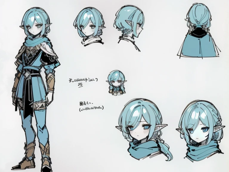 Video game character design, Drawing with Line Drawing, Multiple points of view, Best Quality,Masterpiece,hight resolution, elf, ((character concept art)), Video game character design, Detailed man with pale skin,illustartion,Realistic,Harmonious colours,natural lighting,
