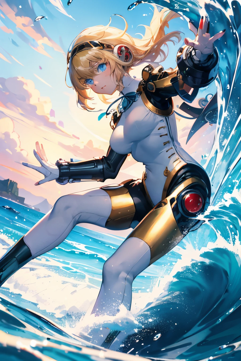 top-quality、Top image quality、in 8K,masterpiece、ultra-detailliert、Beautiful、ultra-quality、Game CG,a beauty girl,Five Fingers, persona 3 aigis, 1girl in, Solo, Droid,Mechanical joints,blonde hair, Blue eyes,deadpan,Red ribbons,Cinematic Angle,Foot focus,from below,BREAK,Big waves, Waving,Surfing, vague, surfboard,Surfing, vague