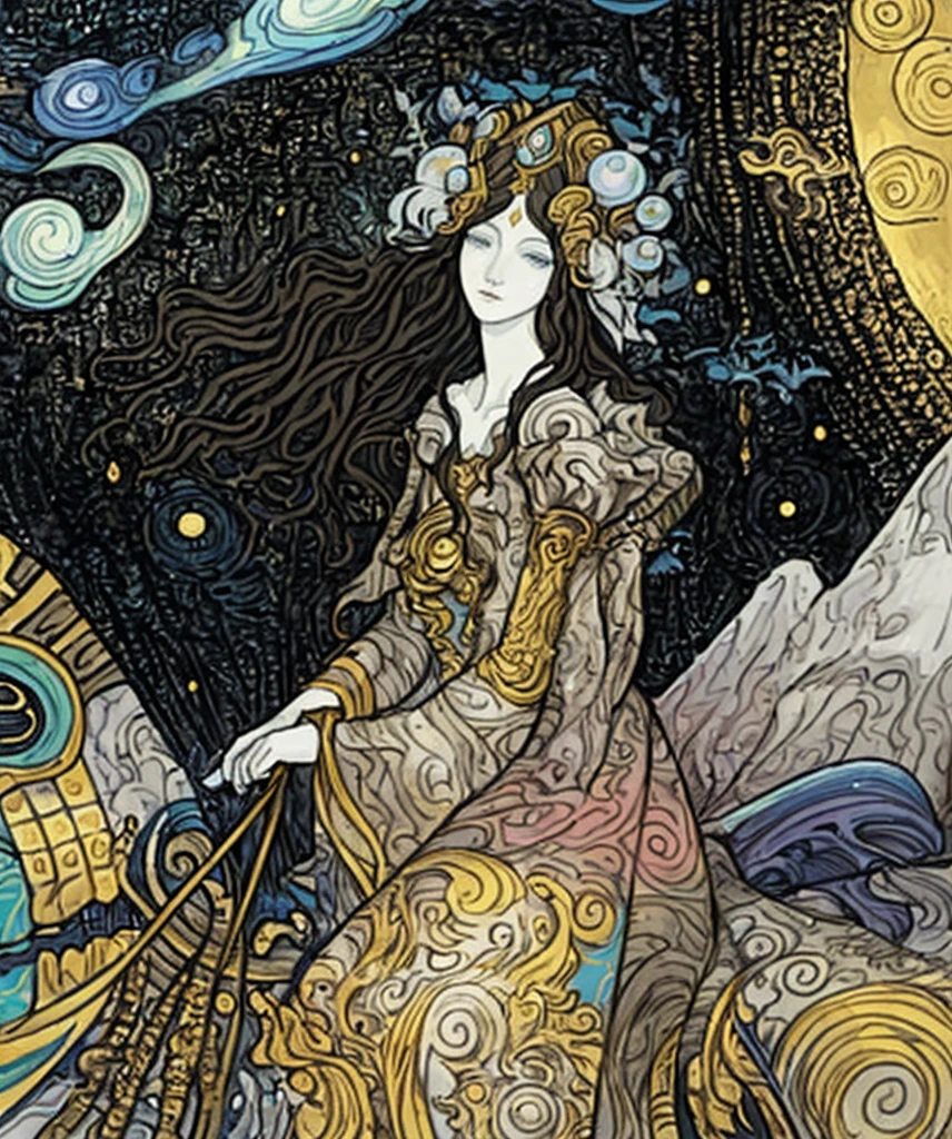 Close-up of a painting of a woman with the moon in the background, inspired by Rebecca Guay, by Rebecca Guay, Inspired by Jan Tulop, goddess art, goddess of the moon, earth goddess mythology, portrait of a norse moon goddess, Portrait of the Goddess of the Universe, Inspired by Ivan Bilibin, sam guay, celestial goddess, Tarot Art, goddess of universe