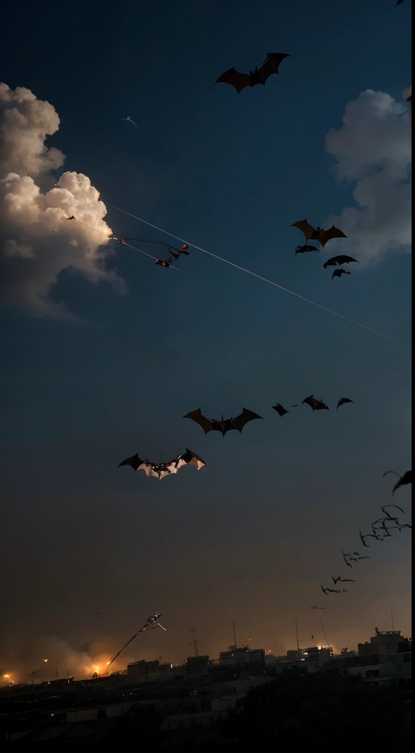 A squadron of bats takes flight against a stylized in battle ground, each bat equipped with tiny parachutes and miniature bombs. Their release is captured in mid-action, symbolizing the experimental "bat bombs" of the U.S., with world war 2 background, attacking the enemy,
