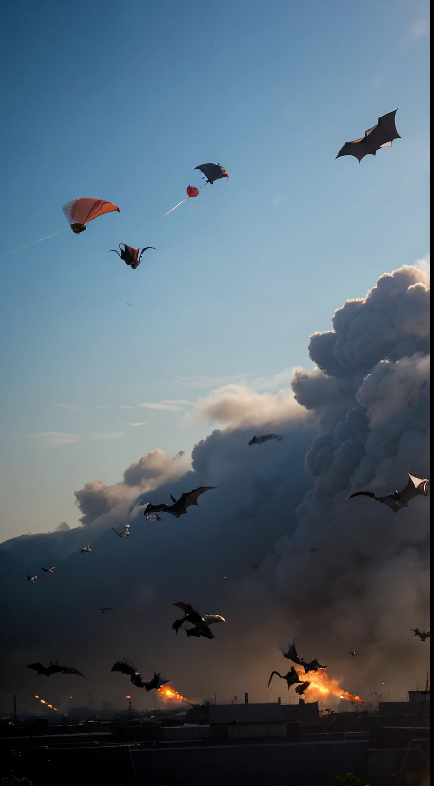 A squadron of bats takes flight against a stylized in battle ground, each bat equipped with tiny parachutes and miniature bombs. Their release is captured in mid-action, symbolizing the experimental "bat bombs" of the U.S., with world war 2 background, attacking the enemy,