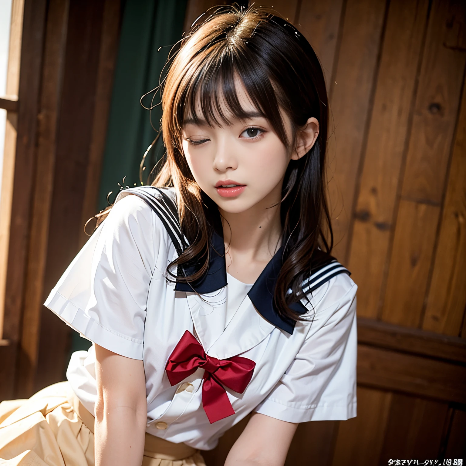 (masutepiece, Best Quality:1.2), 8K, Official art, Raw photo, unbelievable Ridiculous, (Upper body, Sailor Uniform, serafuku, Sitting:1.4), Beautiful Girl, Idol face, arching back down, Pleated skirt, thighs thighs thighs thighs, close up, School uniform, Short sleeve, gardenia, violaceaess, , crass room, Looking at Viewer, No makeup, Film grain, chromatic abberation, Sharp Focus, face lights, Dynamic lighting, Cinematic lighting, Detailed face, Bokeh background, (Dark red bow tie:1.3),NSFW