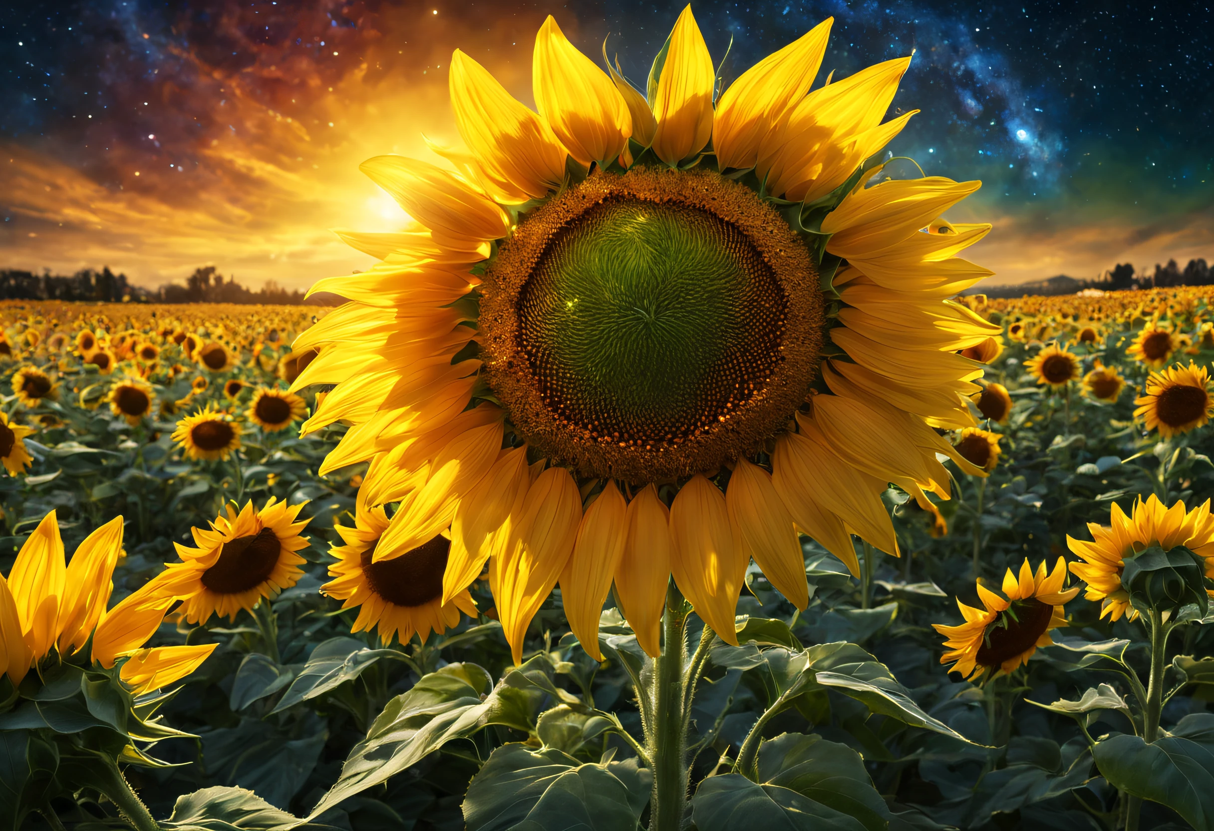 beautifully detailed sunflower-shaped planet, vibrant colors, highres, HDR, ultra-detailed, realistic, sci-fi, concept artists, vivid sunflower petals, glowing sunflower center, planetary landscape, soft sunlight, distant starry sky