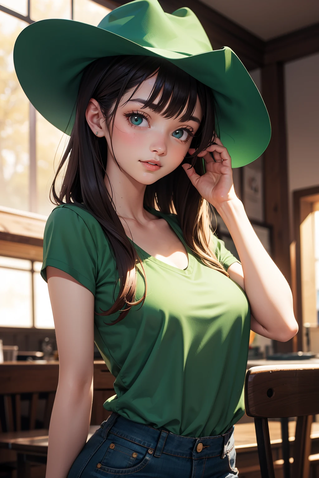 Cowgirl, green shirt, green panty,