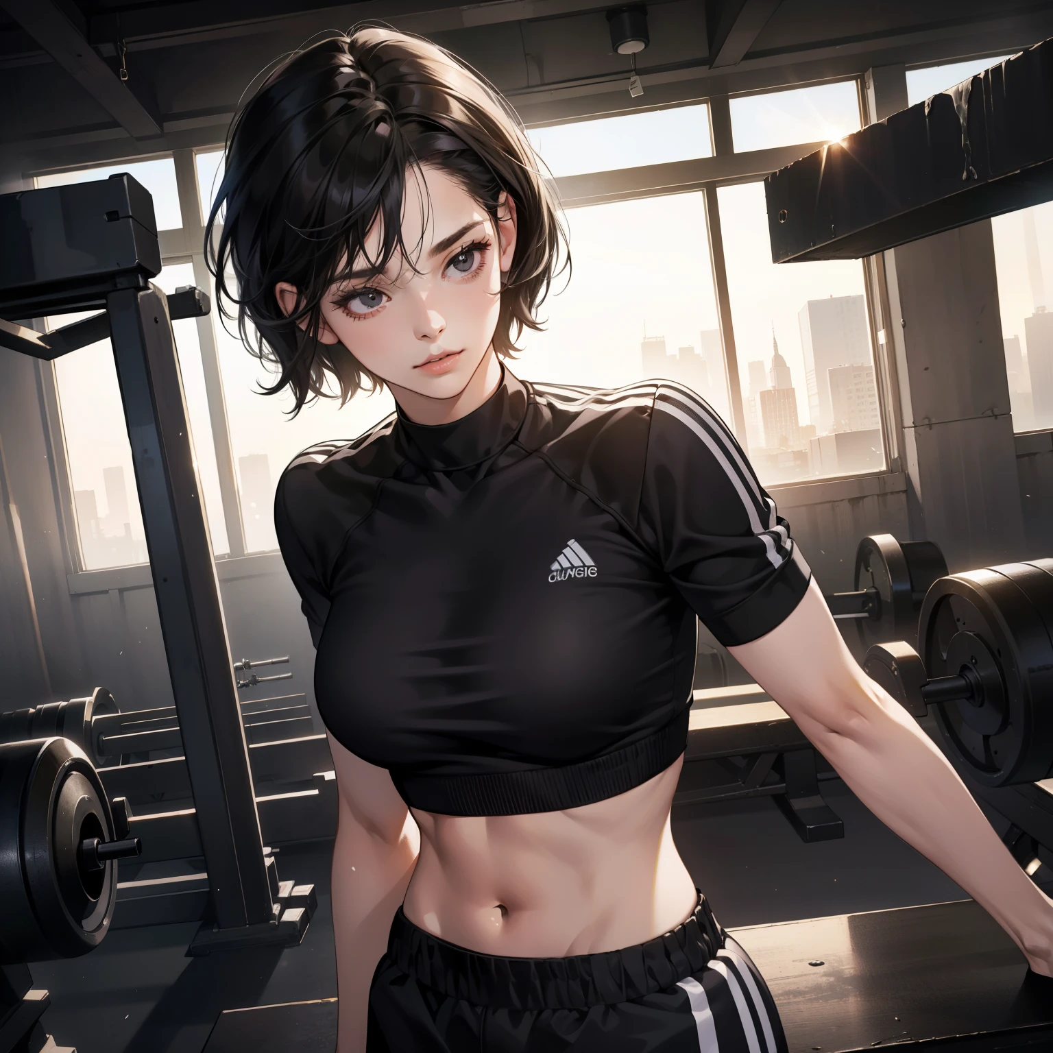 Masterpiece, high quality, best quality, HD, realistic, perfect lighting, detailed body, 1 woman, black eyes, short hair, Black Hair, glowing, crop top oversize, gym background.