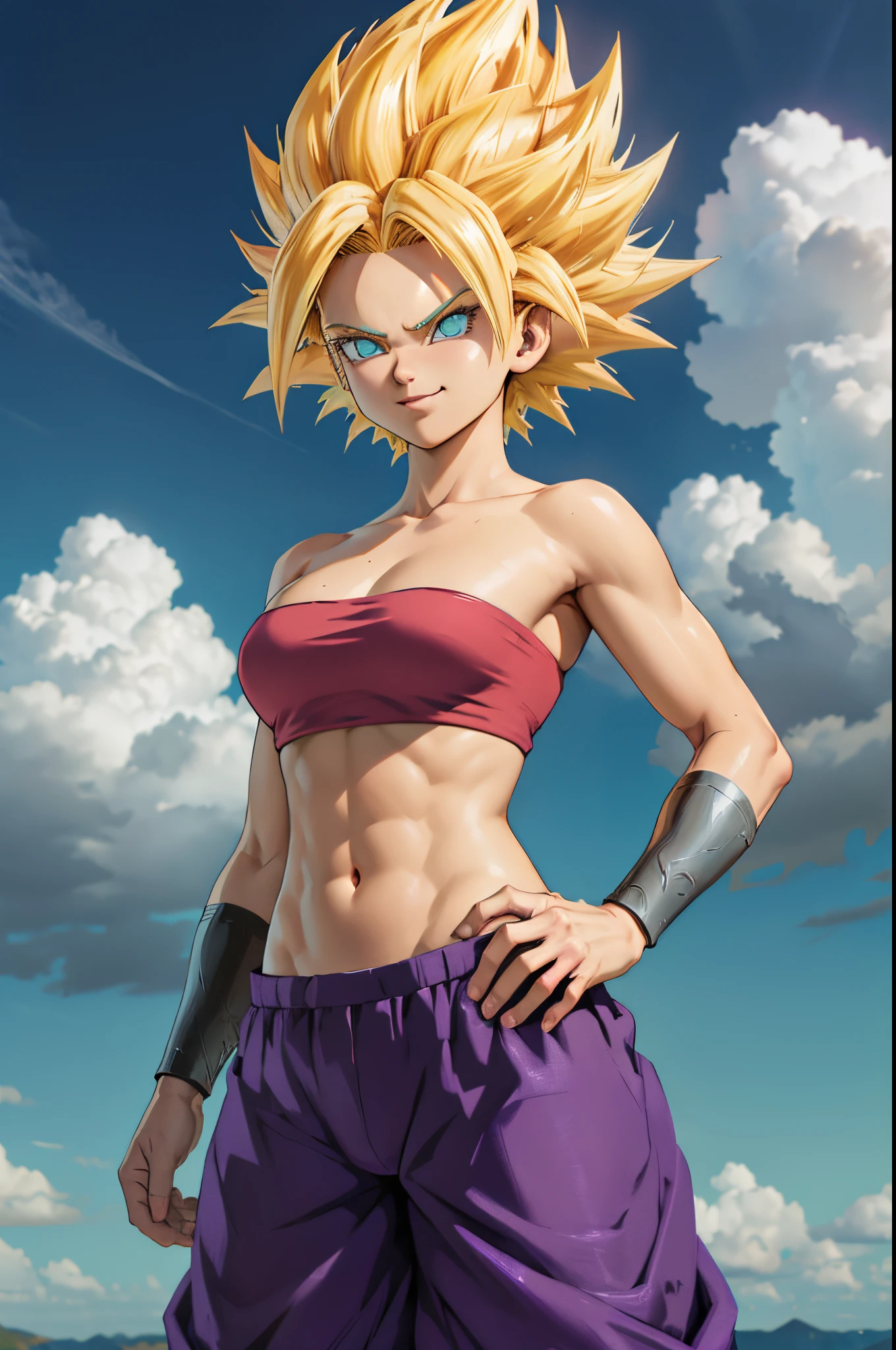 masterpiece, best quality,  ssjcaulifla, blonde hair, aqua eyes, tube top, purple pants, bracers, cowboy shot, looking at viewer, smile, furrowed brow, hands to hips, sky, clouds