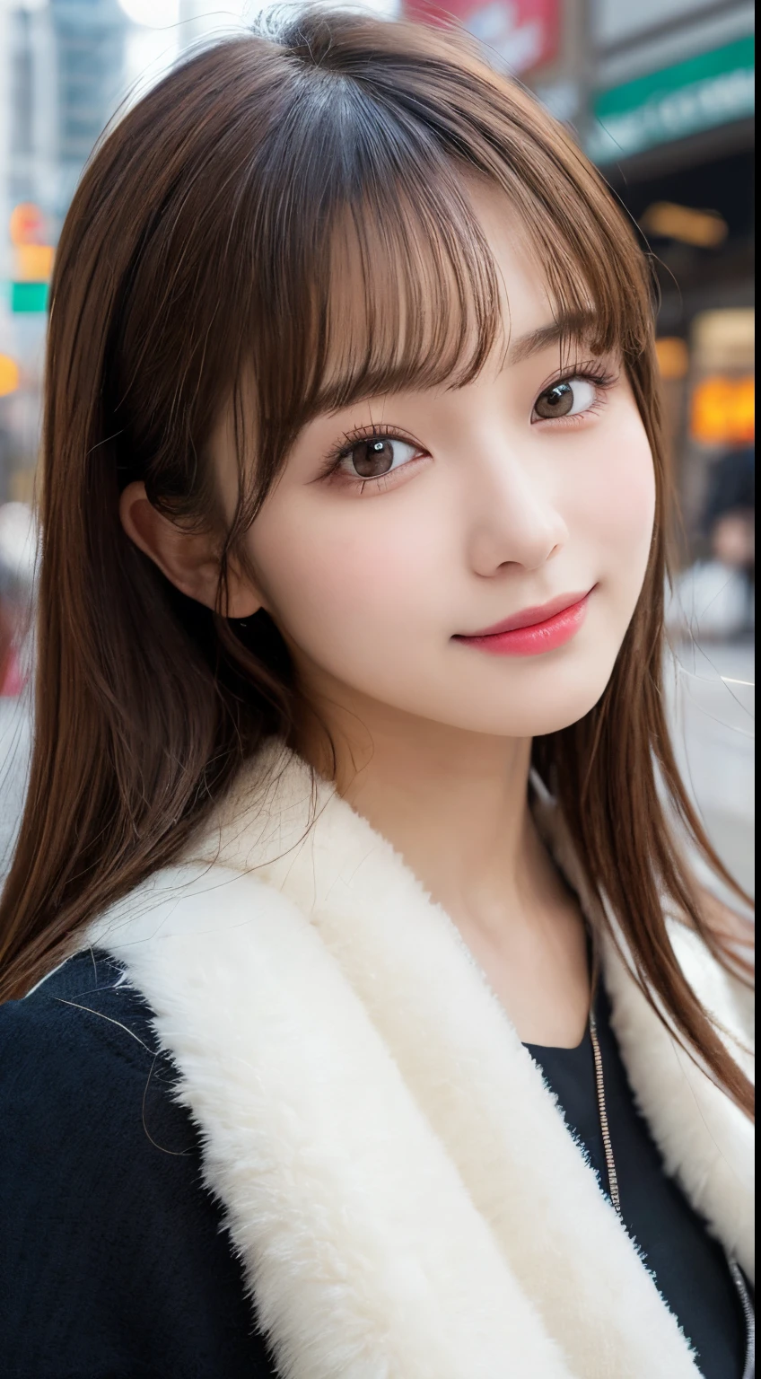 masutepiece, Best Quality, Illustration, Ultra-detailed, finely detail, hight resolution, 8K Wallpaper, Perfect dynamic composition, Beautiful detailed eyes, fluffy winter clothes,Cute hairstyles,small tits,Natural Color Lip, Bold sexy poses,Smile,Harajuku、20 years girl、Cute、Sexy shot looking at camera,Blur the background,Perfect and beautiful face,Take only the face,beautiful and detailed face,Raw photo
