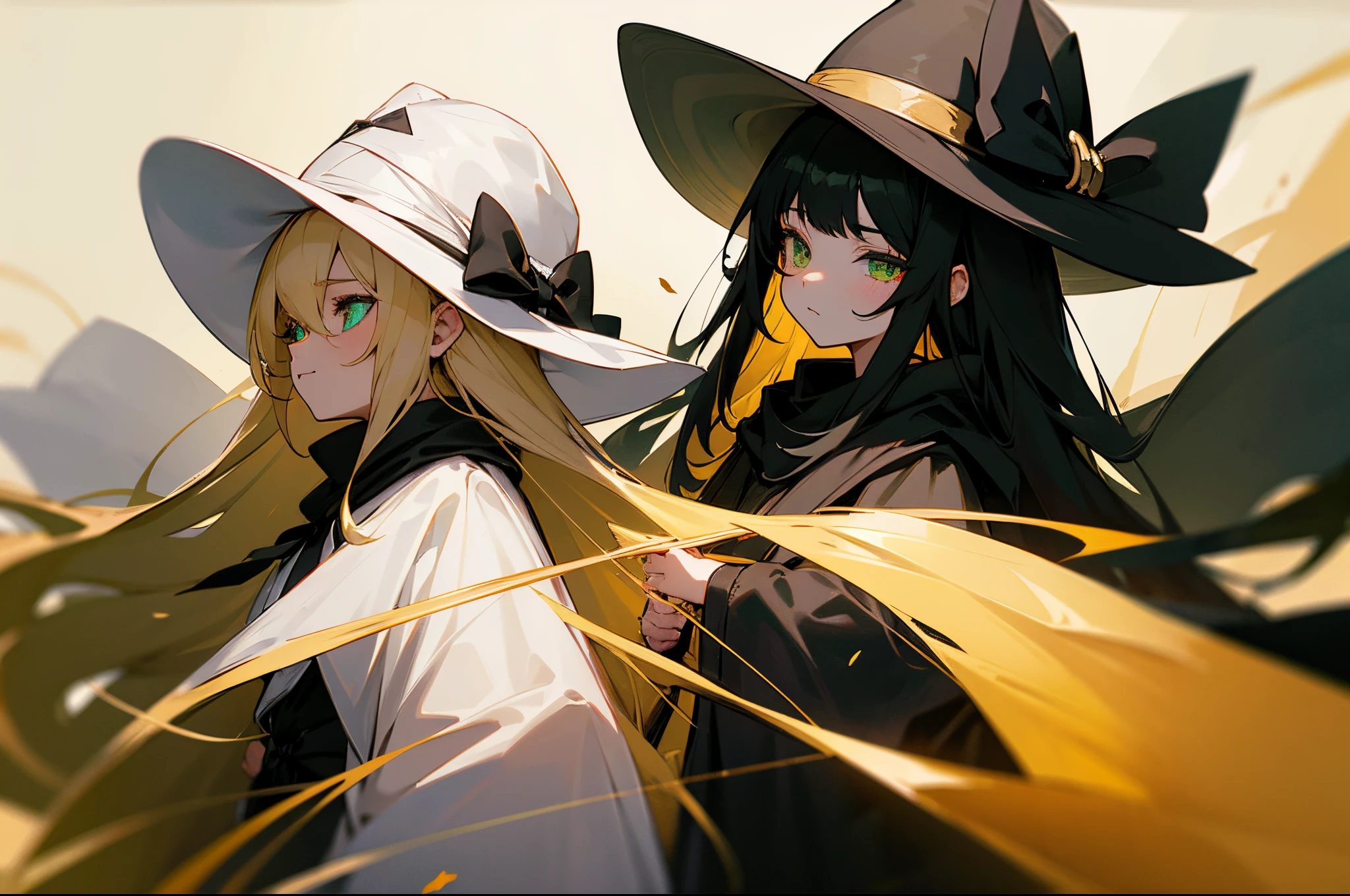 Two little girls,Long black hair,Long blonde hair,A green eye,A golden eye,One wears a black cloak,Holding black boreen eye shadow,Another holds a golden bow,Wearing a white coat,White wide-brimmed hat。Children,Young age