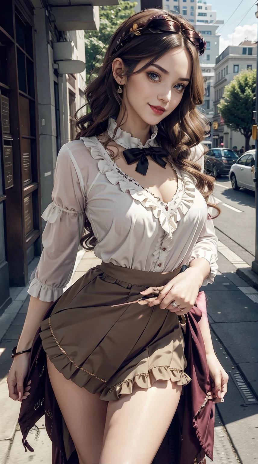 a 25yo woman、Hair color is a gradient color、eye color is brown、Semi-long、hair is wavy、wearing eye shadow and lipstick、I'm wearing a decorated headband、accessories on wrist、Slender but well-proportioned muscular body、wearing a frilly blouse、I'm wearing a low-rise pleated skirt、huge tit、a smile、gothic architecture landscape