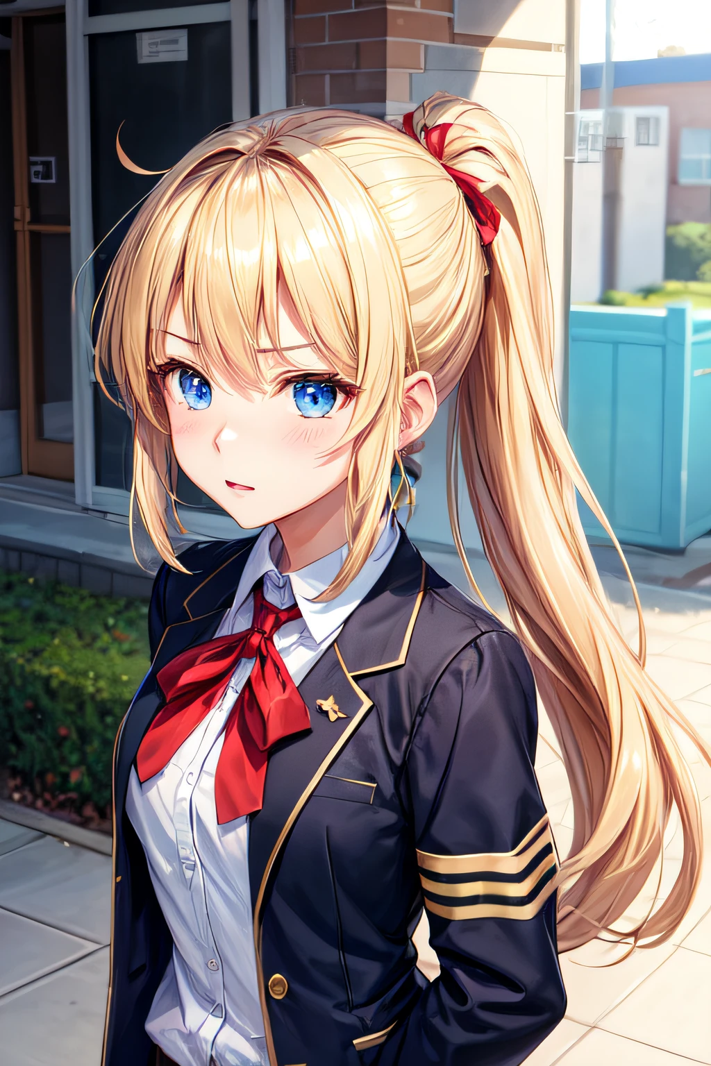 Blonde girl with double ponytail,eBlue eyes,Wear a high school uniform,is a perfect face,shyexpression,Two-dimensional character tsundere,love me very much