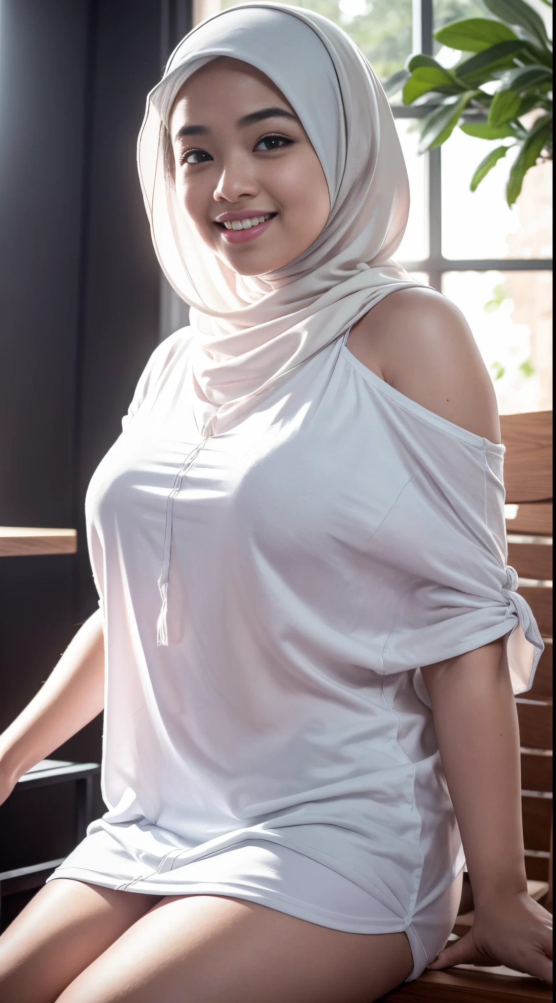 Malay girl in hijab wear big oversized loose white Tshirt, pastel color, seating in university classroom, shoulder exposed, front view, big smile, detail skin, detail skin texture, mole below eyes, big front teeth, small breast, wide hip, wide waist, thick thigh, beer belly, beautiful curvy , evening, laughing, happy, bright lighting, blur background, bokeh, 8mm lens, Extreme close-up, pastel color grading, depth of field cinematography effect, film noir genre, 8k resolution, high quality, ultra detail