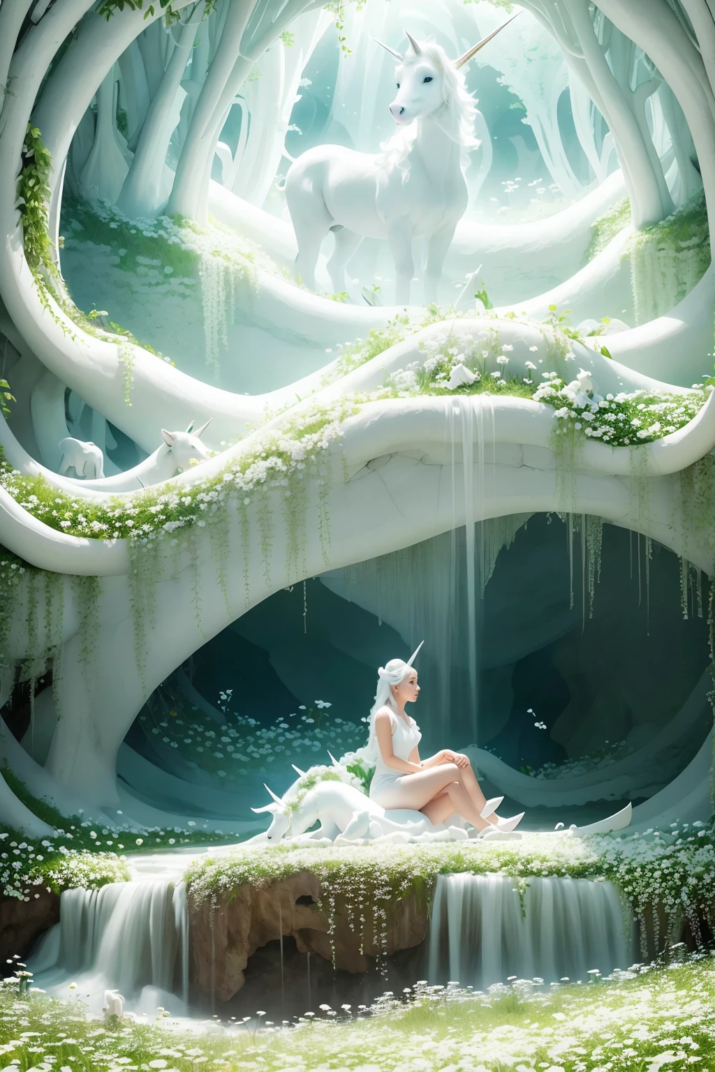 field of white flowers, rocky cave, black ceiling, flowing petals, girl sitting in the far away in the field of flowers. beautiful girl sitting before a white unicorn. (((white unicorn)))