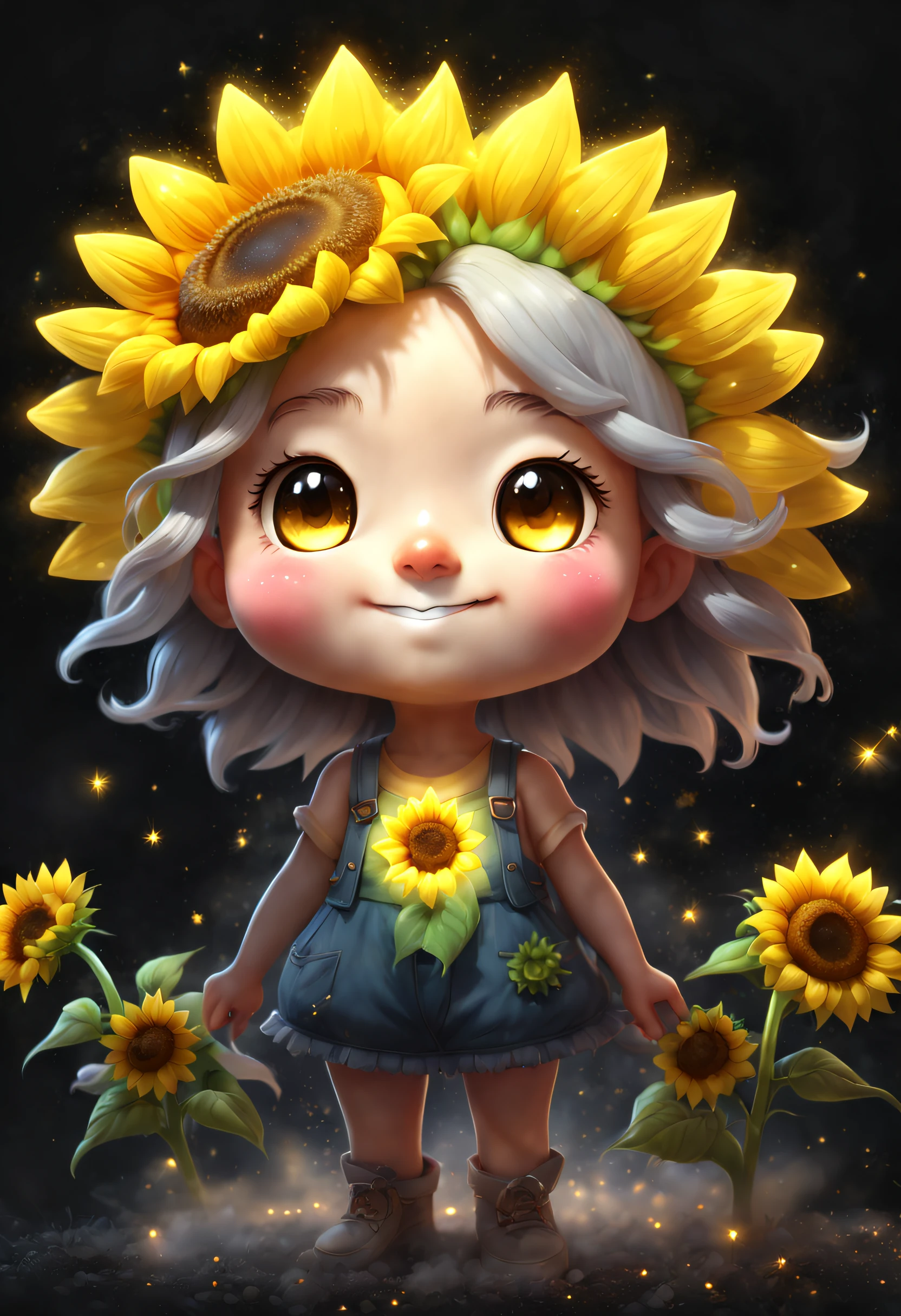 Chalk gray style,(Glowing magical cute sunflower,The stamen is a cute little face),8K,Irridescent color,kawaii,cute big breasts,number art,high high quality,The is very detailed, chalk powder