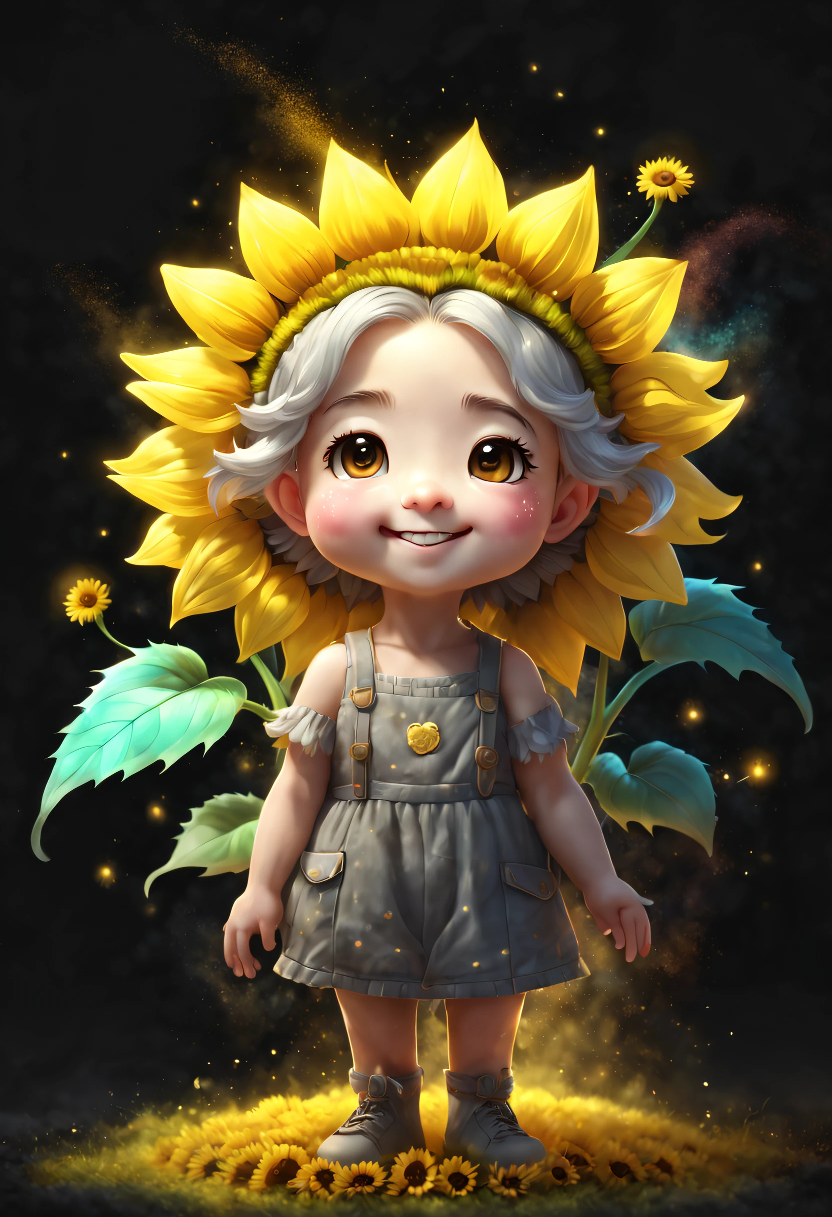 Chalk gray style,(Glowing magical cute sunflower,The stamen is a cute little face),8K,Irridescent color,kawaii,cute big breasts,number art,high high quality,The is very detailed, chalk powder