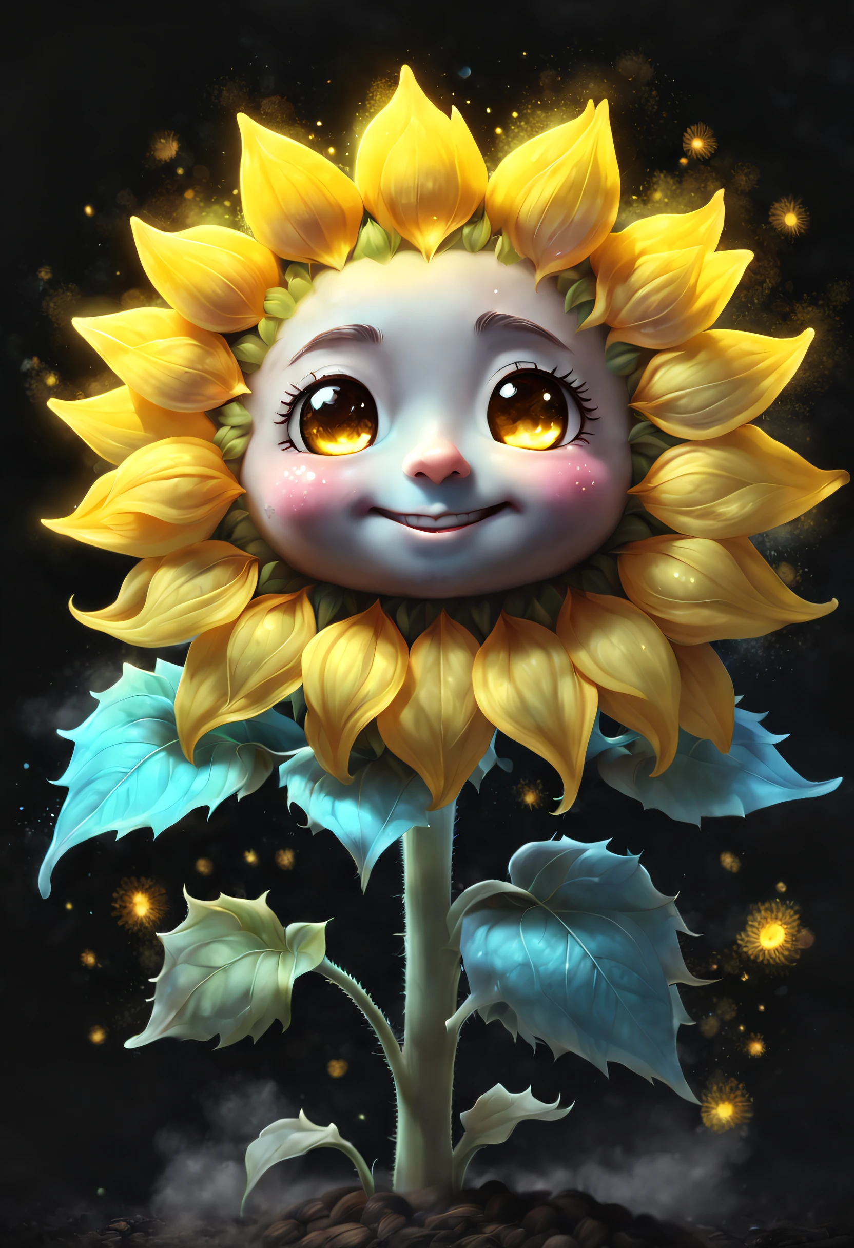 Chalk gray style，(Glowing magical cute sunflower，The stamen is a cute little face)，8K，Irridescent color，kawaii，cute big breasts，number art，high high quality，The is very detailed, chalk powder