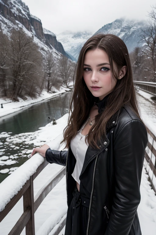((best quality)), ((Meisterwerk)), (Detailliert), Perfektes Gesicht, a group of VAMPIRE GIRLS, portrait, MIT SEHR LANGEN GLATTEN BLONDEN HAAREN, portrait, stehen im Schnee umeinander, on a bridge over a valley