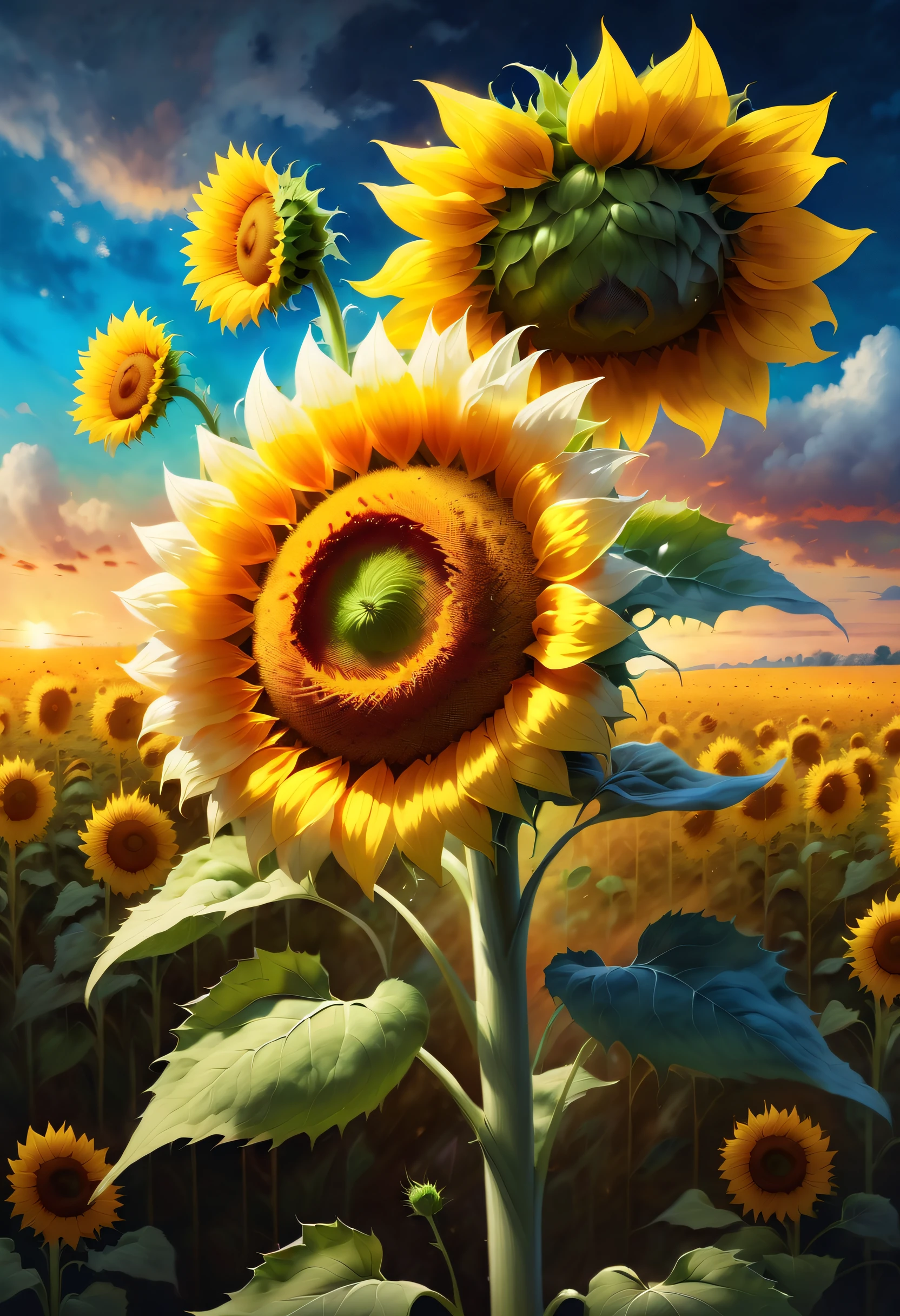 On canvas,Sunny fields stretch to the sky。The warm sunshine illuminates the entire scene dazzlingly,Every grass and flower shines with bright colors。
in this vast field,I saw a huge sunflower,it is tall and straight,tas'like touching clouds。Its flower disk is open,like a gorgeous golden bowl,Full of natural power and mysterious charm。flower plate center,A piece of fresh pollen pokes its head out,Slight tremors,It's like listening to the sounds of nature。
Sunflower petals,Soft and plump as silk satin。They show a gradient effect,Gradually transitions from bright gold to deep orange。Each petal seems to have its own unique shape and posture,Some are slightly curved,Some rolled up,Some hang down gently,as if dancing。
The stem of this sunflower is thick and tough,it extends to the sky,With infinite power and vitality。The leaves on the stem are green,Absorb nutrients from the sun and the earth,Provide flowers with a steady stream of energy and nutrients。
The background in the picture is also very unique,Clear blue sky,white clouds floating in it,As if echoing the sunflower。A gentle breeze blows through the fields,Gently swaying sunflowers and grass blades,It adds movement to the whole picture、lively atmosphere。
Van Gogh-style sunflower painting shows the power of life and moments of beauty。It leads us into a world full of wonder and imagination,Over here,Sunflowers represent hope and courage,Let us feel the magic and beauty of nature。This painting awakens people'The deepest love and reverence for nature,Let us marvel at the miracle and infinite possibilities of life。