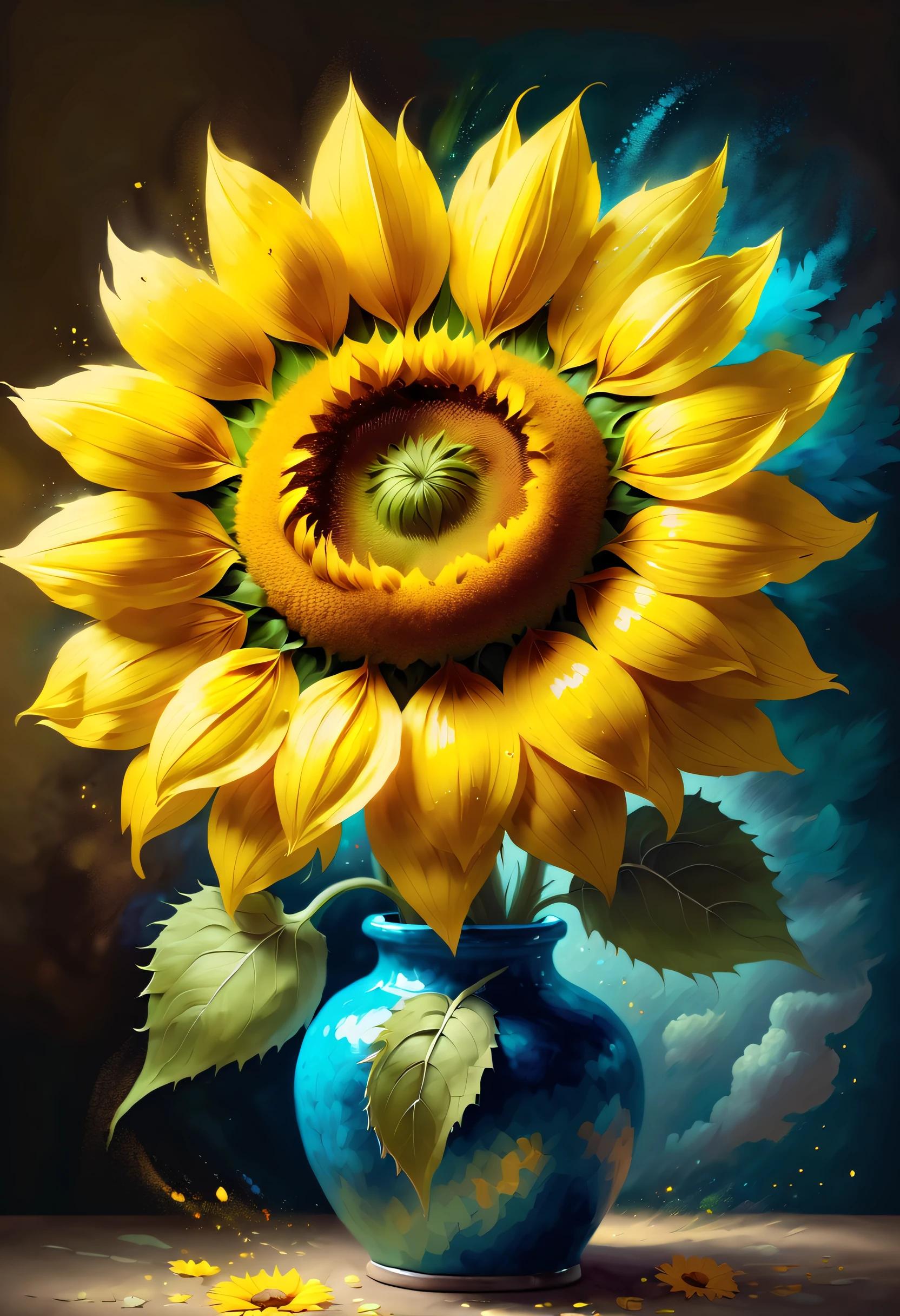 Van Gogh style、(A delicate sunflower flower)、realistic painting、big breasts beautiful、Creative depiction、Hope and courage、think and appreciate, (((NOhumans))), chalk powder