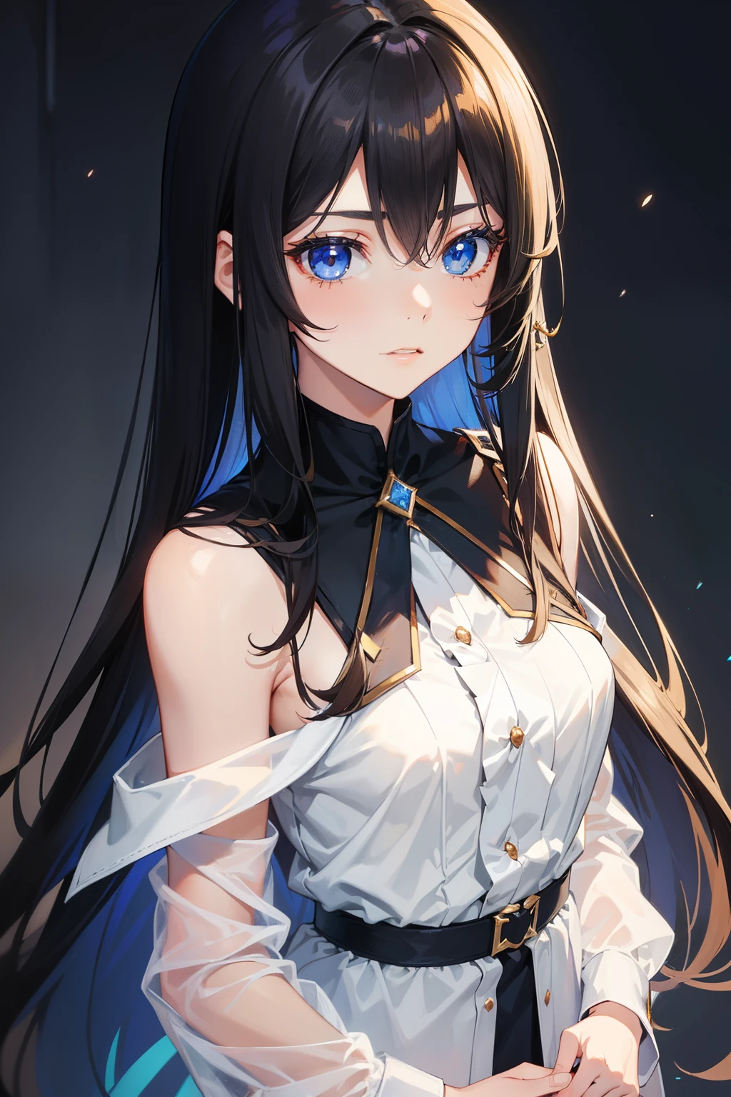 a beauty girl,Dark hair,Hair below shoulder length,Smooth straight hair,Determined eyes, beautiful blue eyes,Childlike height,Manga style,fulcolor,hi-school girl,Juvenile atmosphere