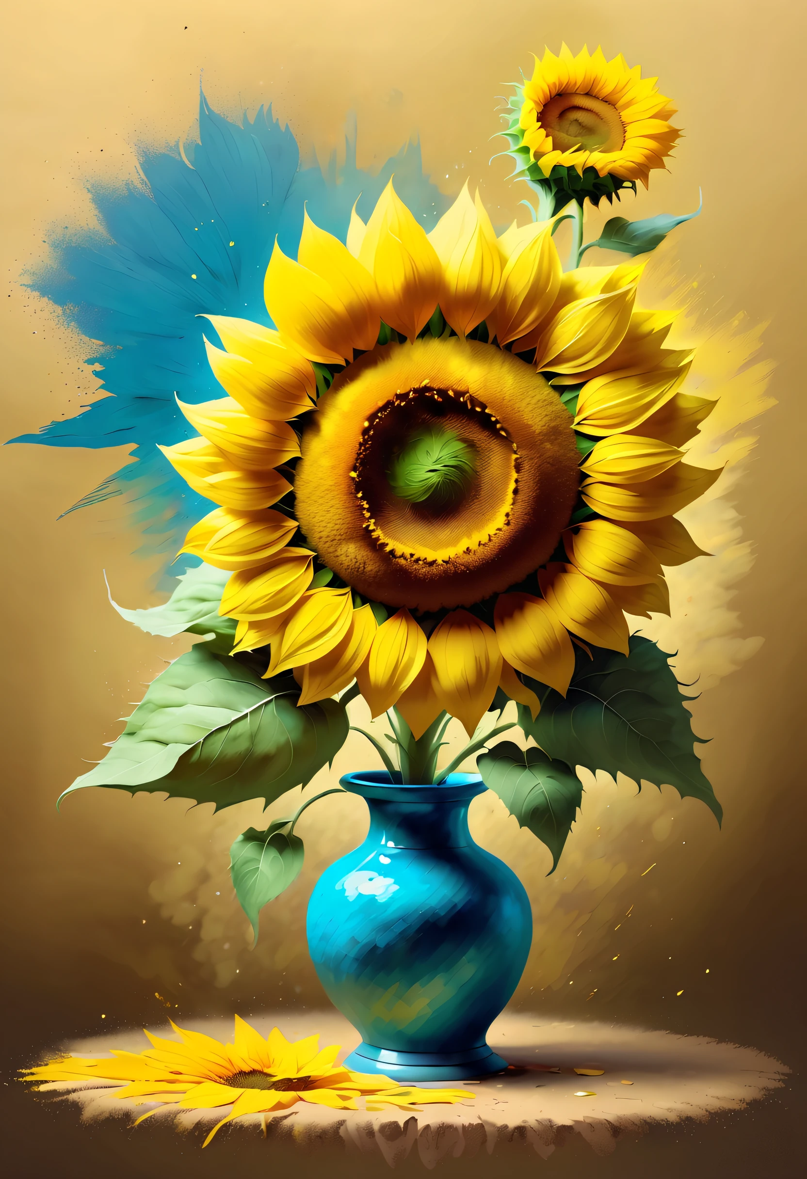 Van Gogh style、(A delicate sunflower flower)、realistic painting、big breasts beautiful、Creative depiction、Hope and courage、think and appreciate, (((NOhumans))), chalk powder