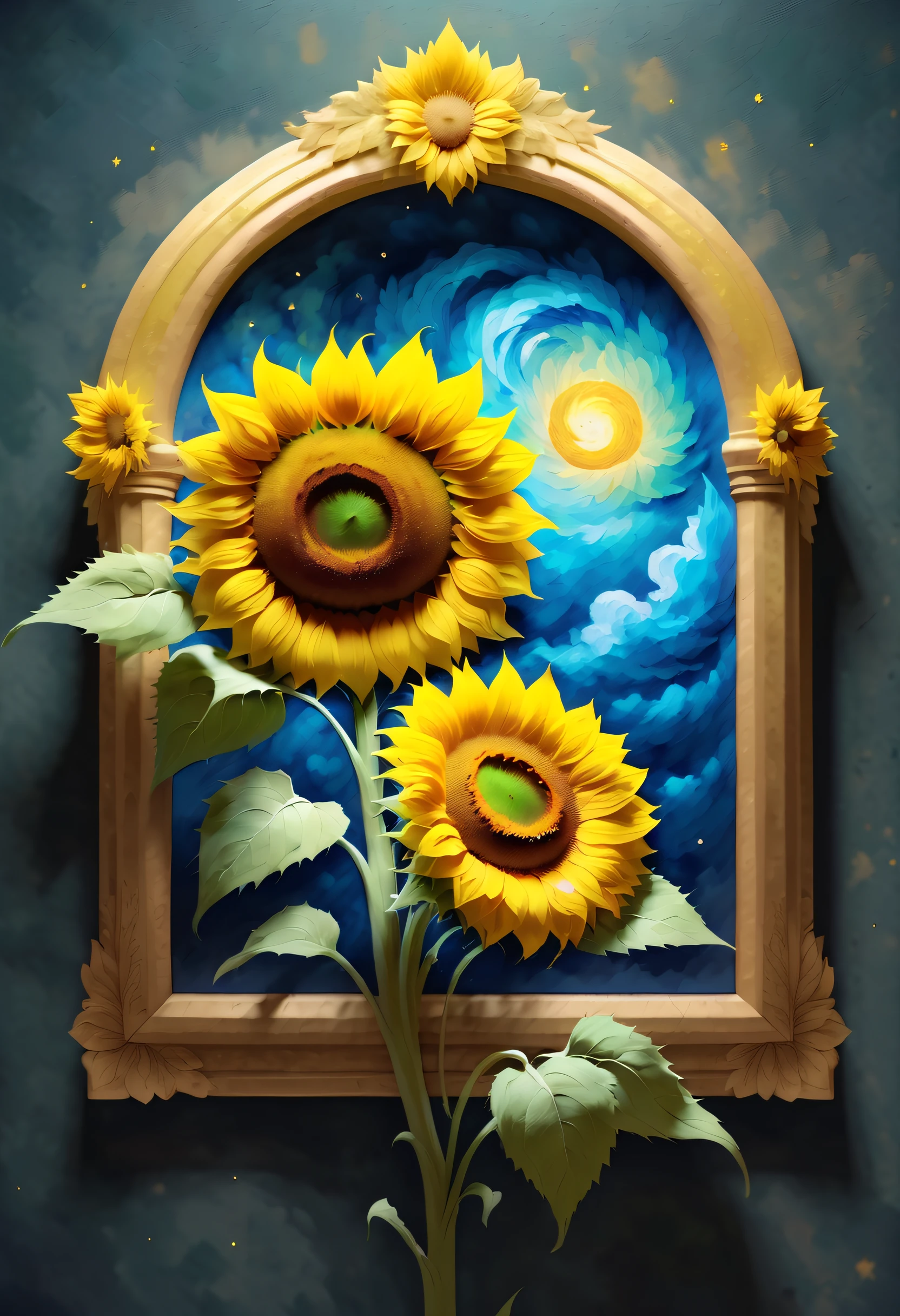 Van Gogh style、(A delicate sunflower flower)、realistic painting、big breasts beautiful、Creative depiction、Hope and courage、think and appreciate, (((NOhumans))), chalk powder