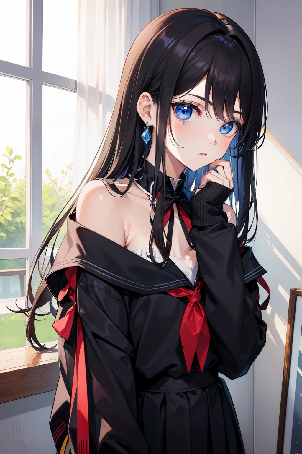 a beauty girl，Dark hair，Hair below shoulder length，Smooth straight hair，Determined eyes, beautiful blue eyes，Childlike height，Manga style，fulcolor，hi-school girl，Juvenile atmosphere