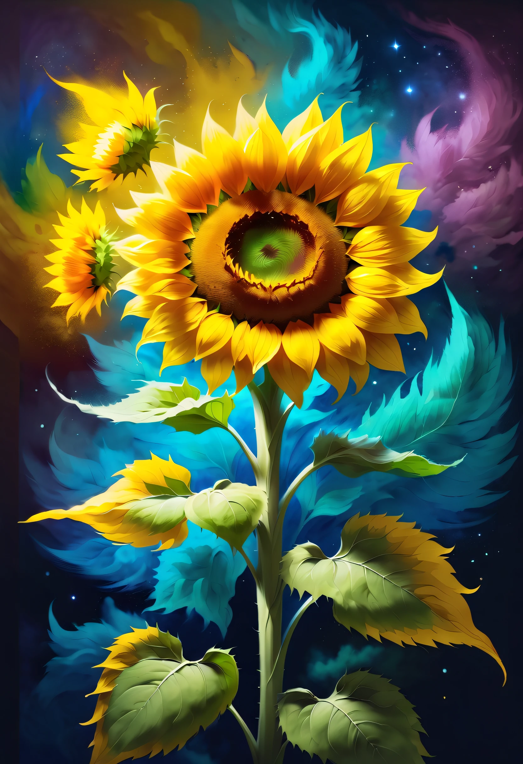 Van Gogh style、(A delicate sunflower flower)、realistic painting、big breasts beautiful、Creative depiction、Hope and courage、think and appreciate, (((NOhumans))), chalk powder