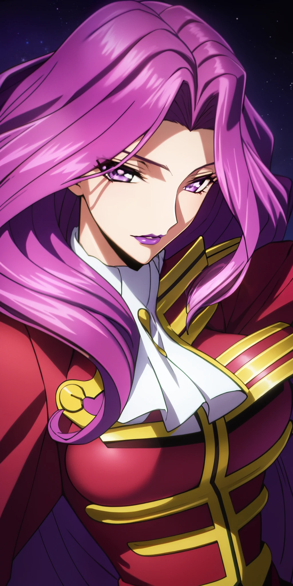 Cornelia_plum_Britannia, Huge breasts, Solo, Standing, Cornelia_Military_uniform, masutepiece, Best Quality, Detailed face, Detailed eyes, hight resolution, Code Geass Corneille Purple Eyes Purple Hair Purple Lip (masutepiece), Best Quality, Expressive eyes, Beautiful Finger, Beautiful nose, Beautiful character design, Perfect eyes, Perfect face,  
NSFW, Official art, Highly detailed CG Unity 8k wallpaper, Perfect Lighting, Colorful, Bright_front_Face_light nastar piece:1.0), (best_quality:1.0), 超A high resolution, 4K, Ultra-detailed,
Photography, 8K, nffsw, hight resolution, absurderes:1.2, Kodak Portra 400, Film grain