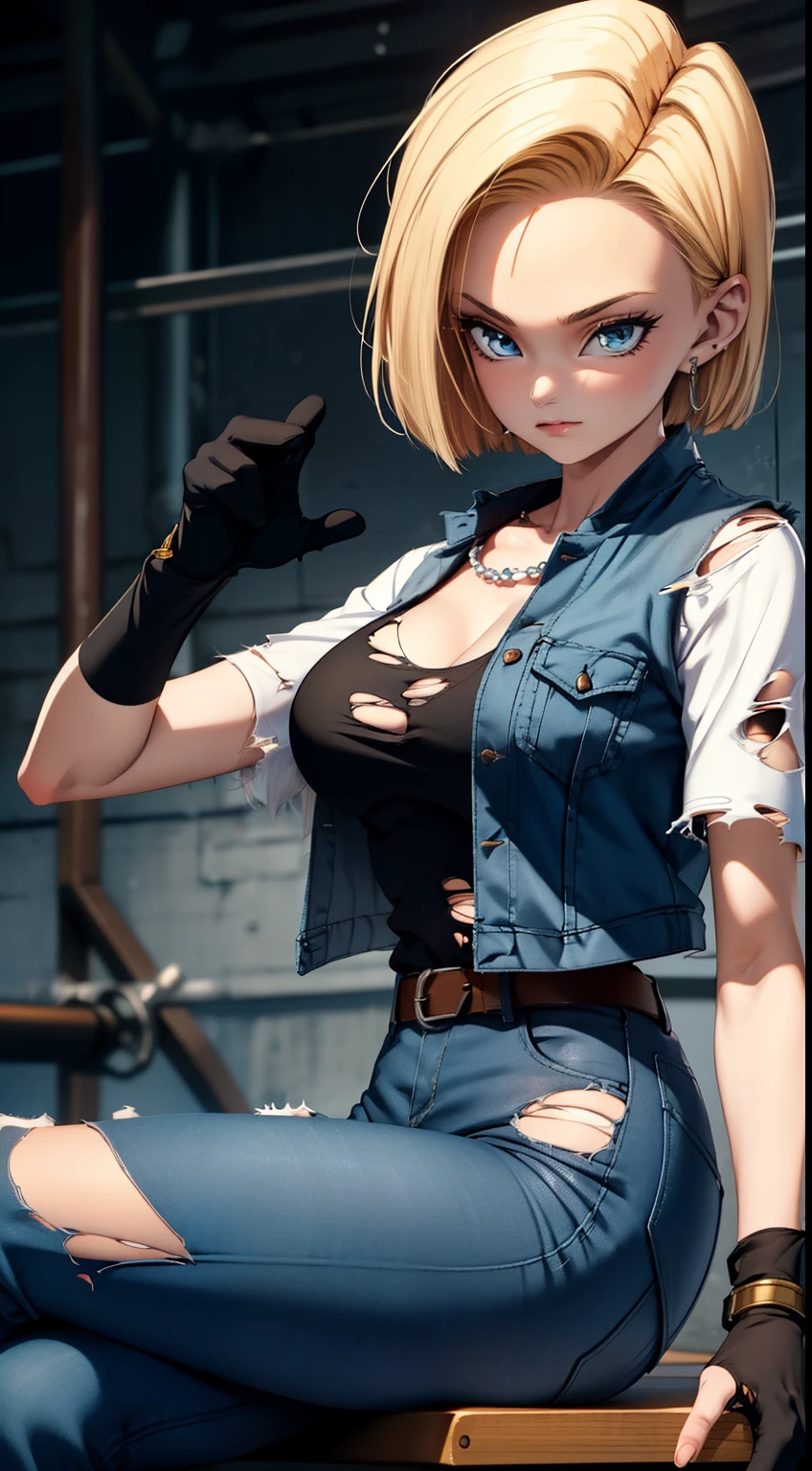 best quality, highres, and18, 1girl, android 18, solo, blonde hair, blue eyes, belt, jeans, pearl_necklace, bracelet, black gloves, white shirt, short hair, short sleeves, earrings, blue pants, open vest, black vest, large breasts, (ruins:1.3), (torn clothes:1.5), sitting, expressionless, crossed legs,