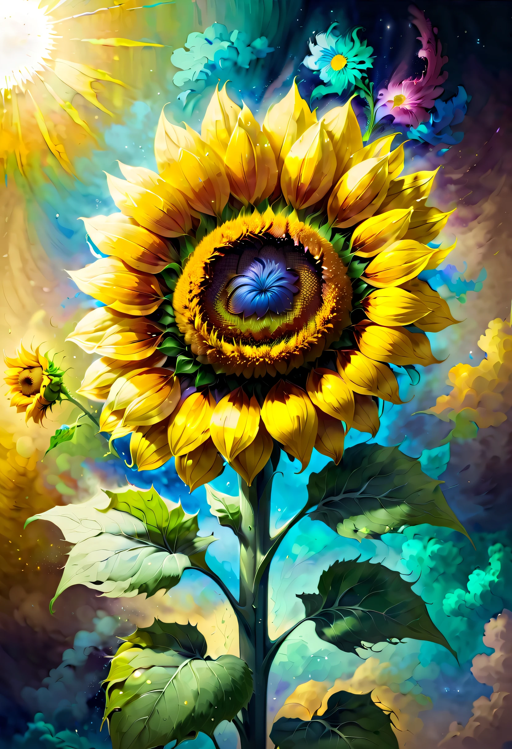 Van Gogh style、(A delicate sunflower flower)、realistic painting、big breasts beautiful、Creative depiction、Hope and courage、think and appreciate, (((NOhumans)))