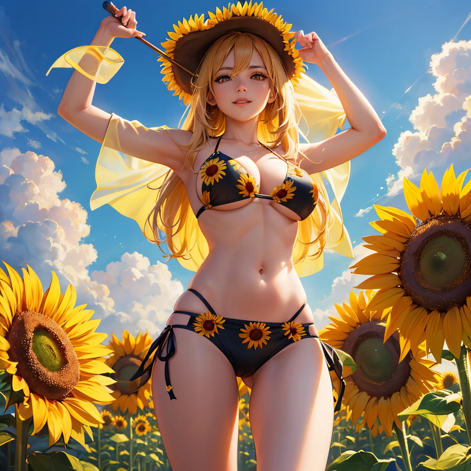 from below, super high quality, 8k, RAW photo, realistic, detailed and delicate depiction and flashy and dynamic painting method, sunflower field, a beautiful girl wearing a bikini made of sunflowers among tall sunflowers, a smile like the sun, professional sun lighting