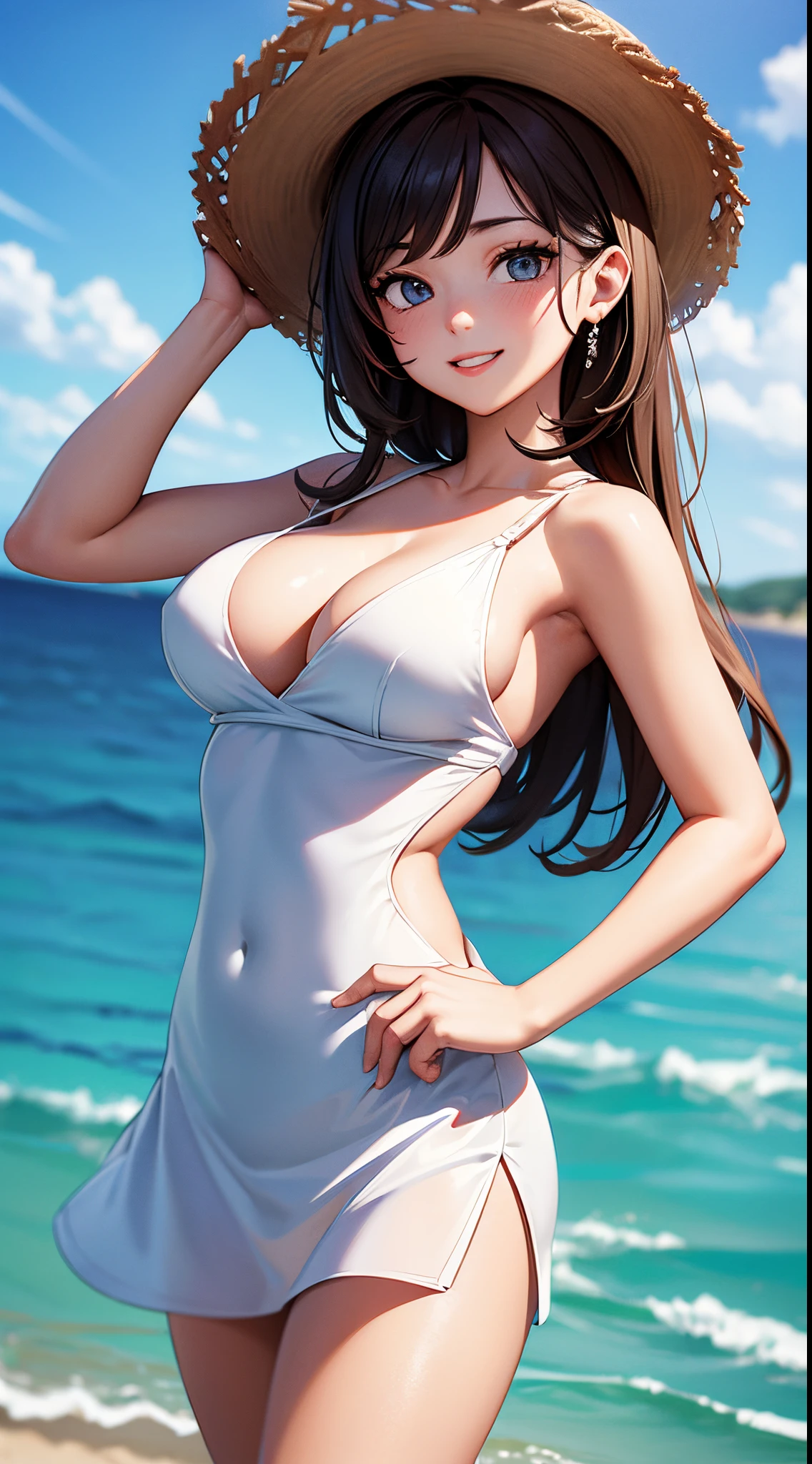(masterpiece,derailed,8k HDR,hires,best quality:1.4),beautiful sea,on beach,cinematic lighting,face lighting,1girl,good anatomy,better hands,cowboy shot,detailed skin,beautiful skin,wet and grossy skin,detailed face,very pretty,pretty face,detailed eyes,sparkring eyes,droopy eyes,double eyelids,(eye bags:1.3),detailed nose,(happy:1.3),(half-open eyes),white sleeveless resort dress,straw hat,large breast,cleavage,arm up,hand on hip,