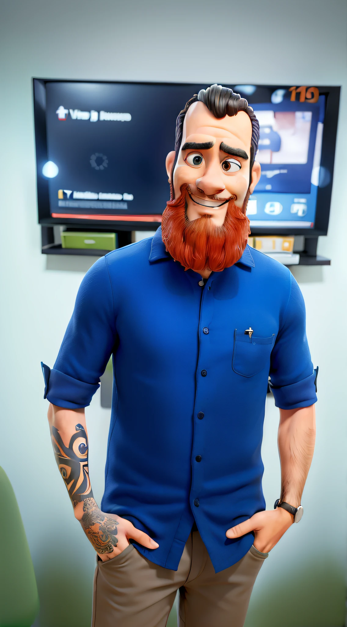 um homem ruivo, sorrindo com aparelhos nos dentes, com barba cheia, com barba alinhada, com cabelo comprido corte estilo samurai, com camisa azul, with tattoo on his arm in front of a TV on a white wall