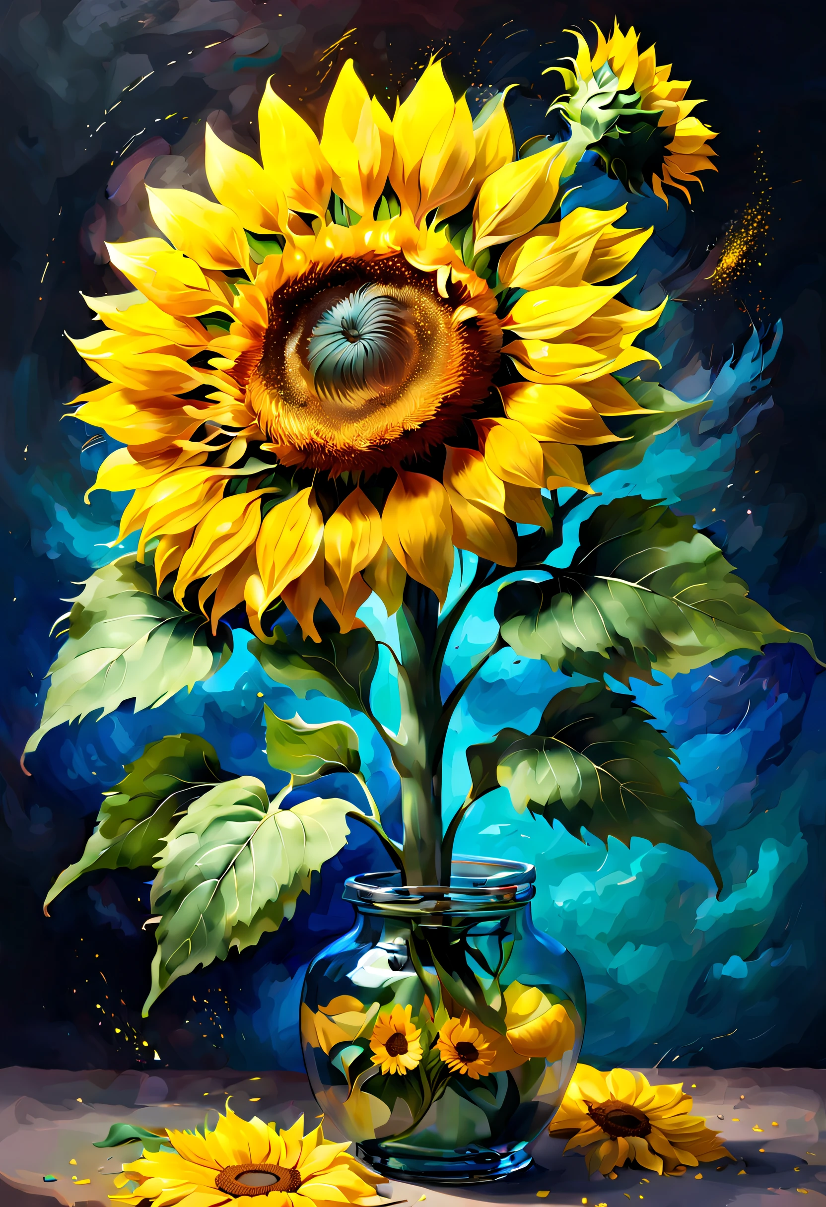 Van Gogh style、(A delicate sunflower flower)、realistic painting、big breasts beautiful、Creative depiction、Hope and courage、think and appreciate, (((NOhumans)))