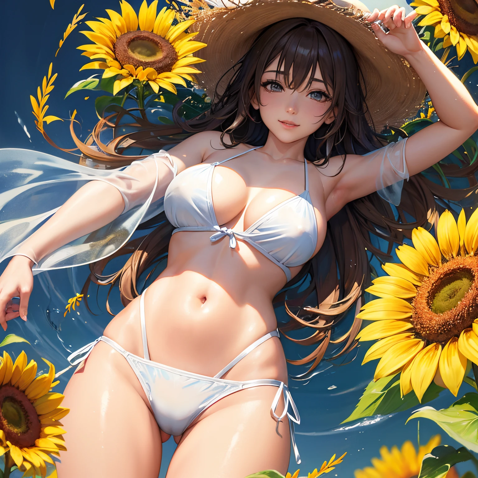 from below, super high quality, 8k, RAW photo, realistic, detailed and delicate depiction and flashy and dynamic painting method, sunflower field, a beautiful girl wearing a bikini made of sunflowers among tall sunflowers, a smile like the sun, professional sun lighting, ink painting. watercolor, wet on wet and sputtering technique, abstraction, splash paint, clouds wet to wet techniques, rice paper texture