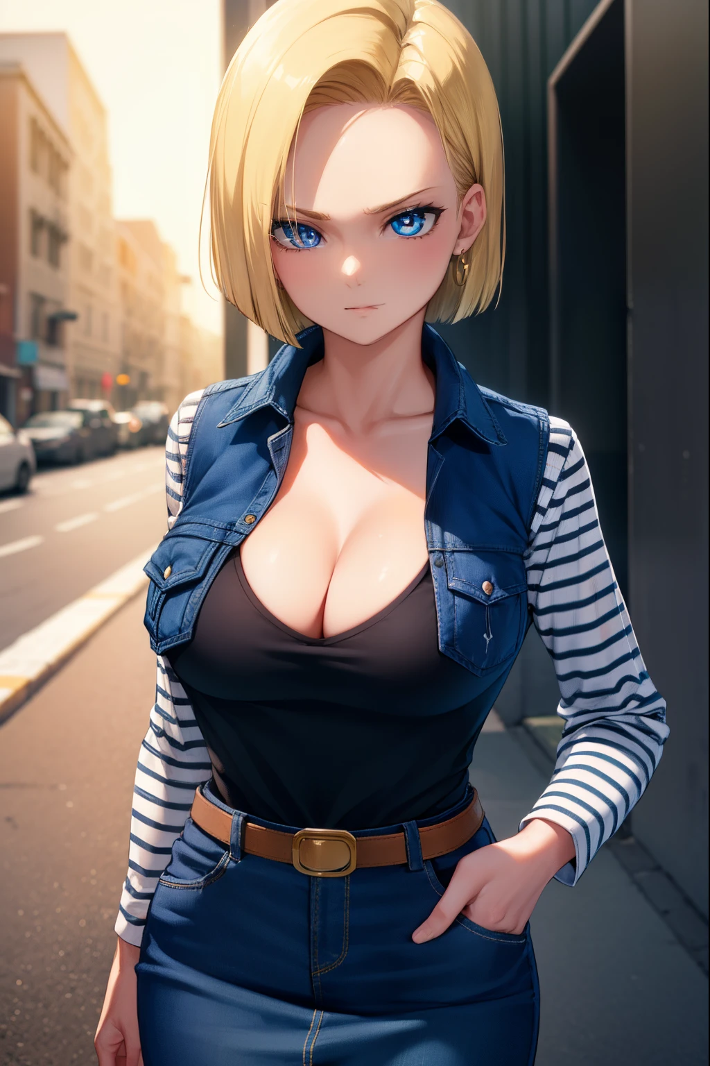 android18, android 18, blonde hair, blue eyes, eyelashes, hoop earrings, short hair, earrings,
BREAK belt, black legwear, black shirt, breast pocket, cleavage, collarbone, denim, denim skirt, high-waist skirt, jewelry, long sleeves, pocket, shirt, shirt tucked in, skirt, striped, striped sleeves, waistcoat,,
BREAK outdoors, city, sky, cloud, sun,
BREAK looking at viewer, (cowboy shot:1.5),
BREAK (masterpiece:1.2), best quality, high resolution, unity 8k wallpaper, (illustration:0.8), (beautiful detailed eyes:1.6), extremely detailed face, perfect lighting, extremely detailed CG, (perfect hands, perfect anatomy),