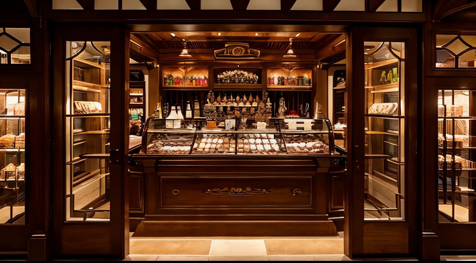 Chocolatier interior, antique style, upscale, dimly lit, a little cramped, various chocolates, several customers.