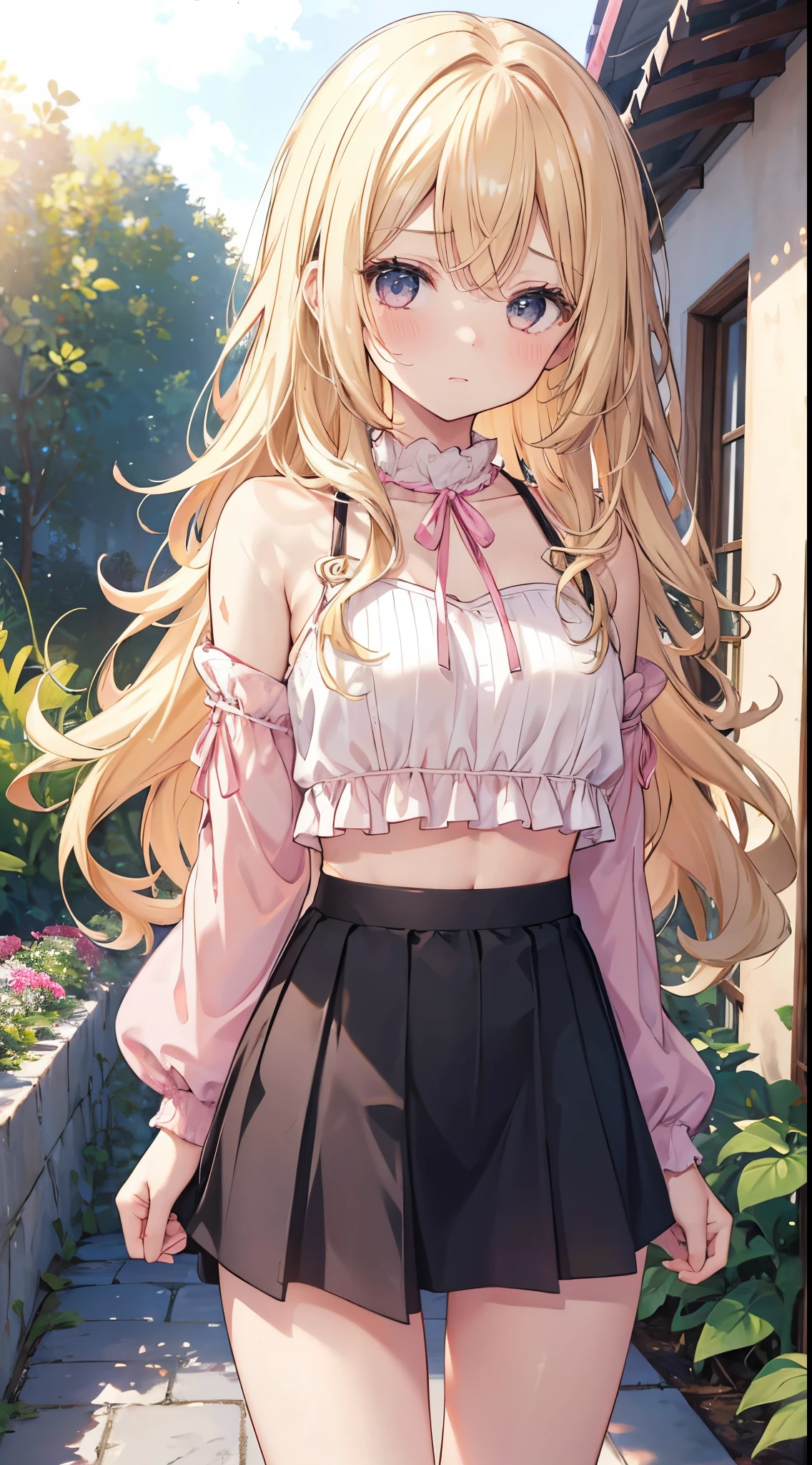 1girl in, Mini skirt, Skirt Lift Pose, Cute pink panties, shy expression, Lash Drawstring Crop Top, Home garden, Modern home, Sunny weather, Subtle disheveled wavy hair, Blonde Hair Color Palette Mix Black, Slightly flushed cheeks, Add_detail:1