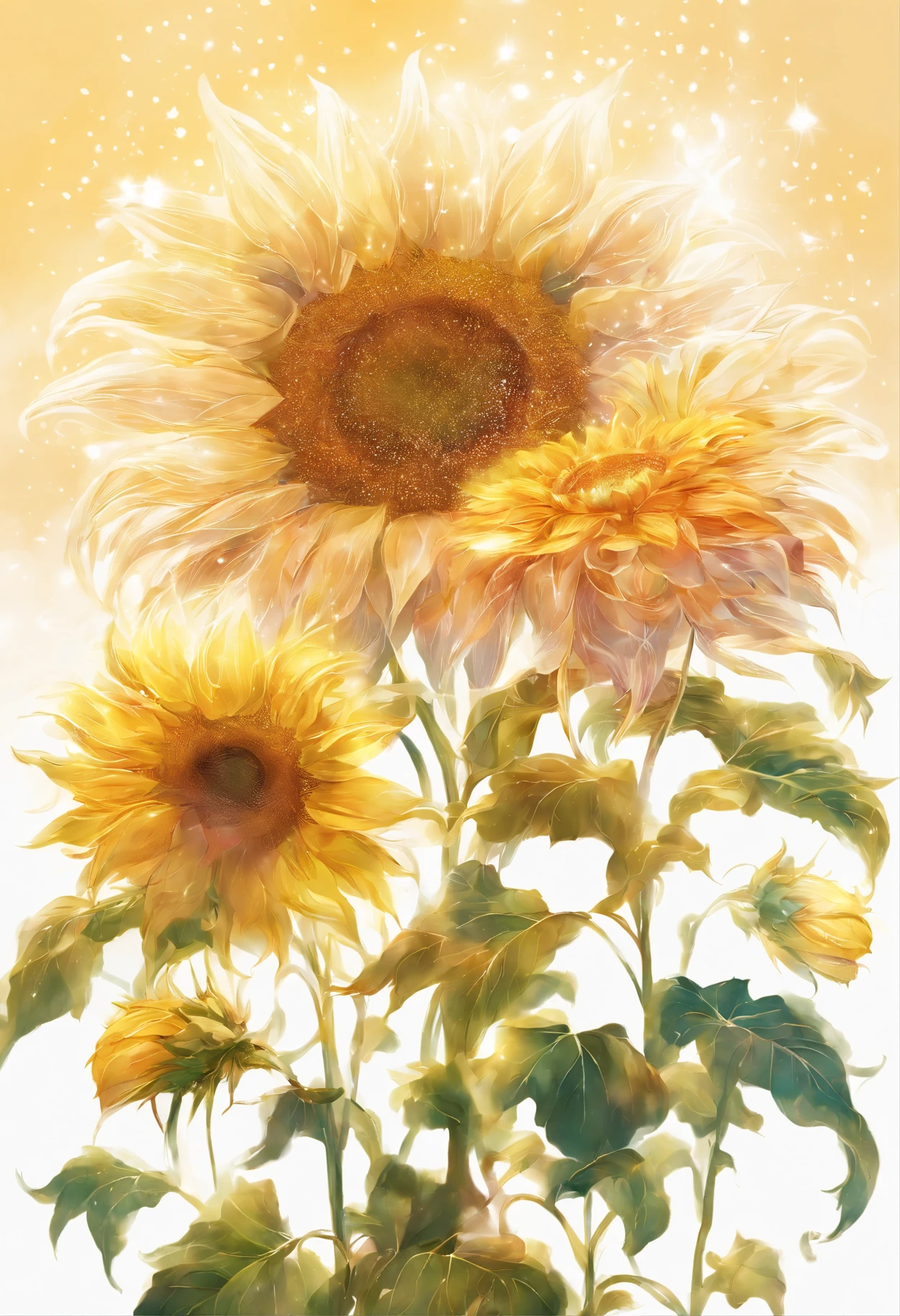 flowers and stars on the background, A delicate sunflower flower,glittery, giant sunflower flower head, Glowing flowers, Close-up of giant sunflower flower head, photorealistic detailed picture, beautiful flowers, Draw flowers, glow magic, rendered illustration, photorealistic highly detailed, photorealistic illustration, The photographic reality of Altament, higher detailed illustrations, beautiful glowing backlit, light bloom sunlight, Hyper-realism, 电影灯光, lightand shade contrast
