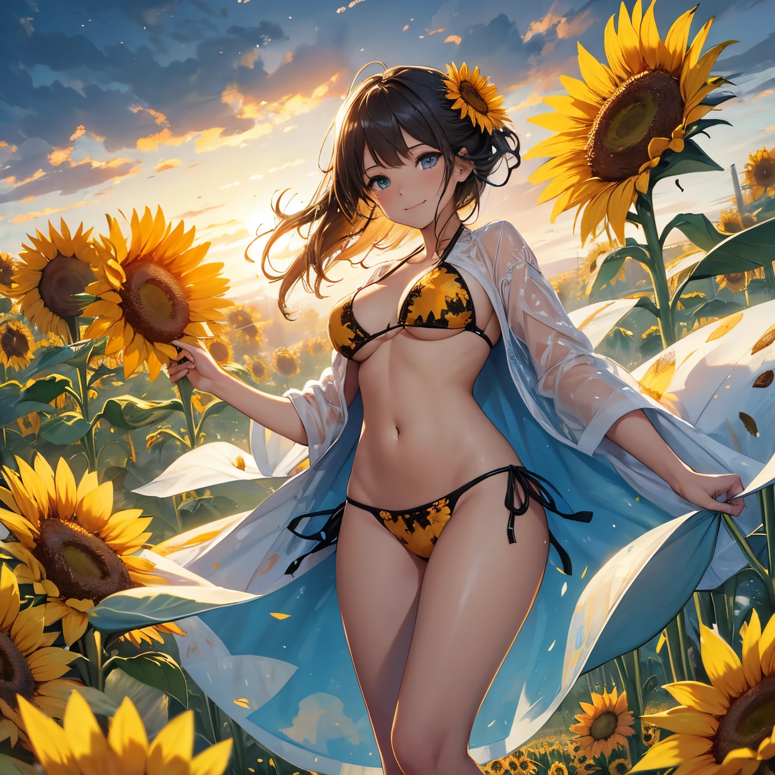 from below, super high quality, 8k, RAW photo, realistic, detailed and delicate depiction and flashy and dynamic painting method, sunflower field, a beautiful girl wearing a bikini made of sunflowers among tall sunflowers, a smile like the sun, professional sun lighting, ink painting. watercolor, wet on wet and sputtering technique, abstraction, splash paint, clouds wet to wet techniques, rice paper texture