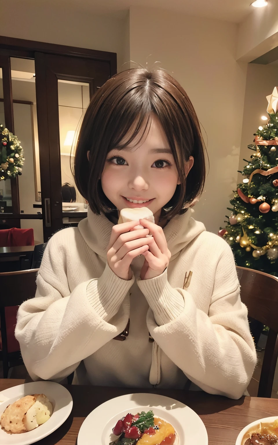 21 year old wearing cute winter clothes、kawaii girl、a little brown hair、Shortcut Hair、Enjoy a delicious dinner on a warm Christmas evening。Around her、A dining table sparkling with Christmas decorations.、Creates a warm atmosphere。Smiling college girl、Holding a fork、people eating special christmas meal々Depicting。.。.。The scent of dinner and the cold of winter mix together...、enjoy your time。