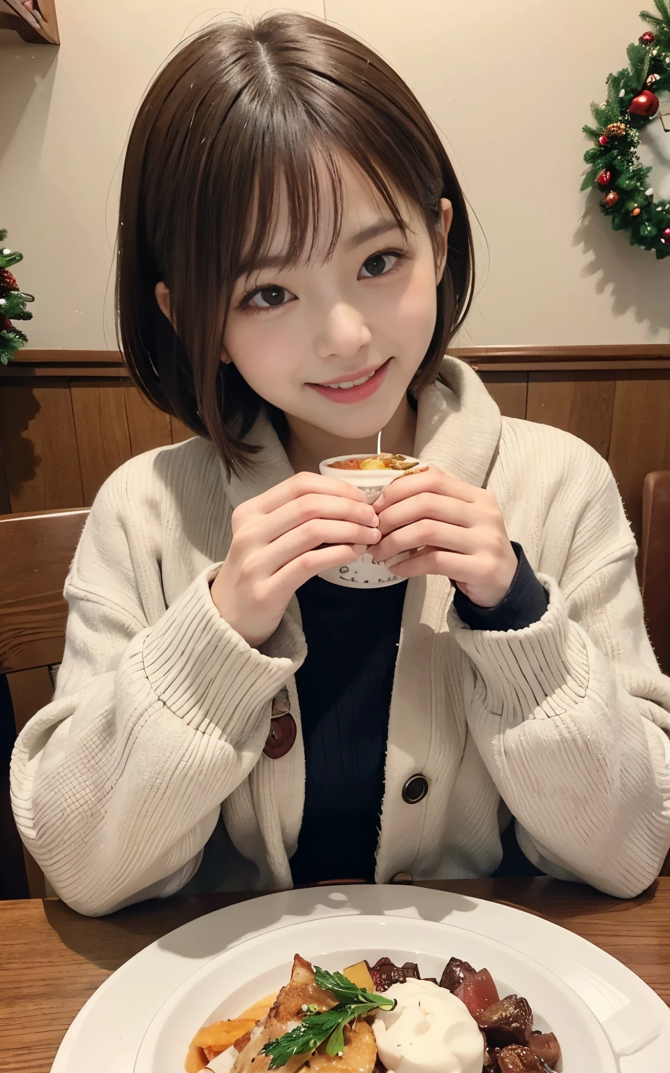 21 year old wearing cute winter clothes、kawaii girl、a little brown hair、Shortcut Hair、Enjoy a delicious dinner on a warm Christmas evening。Around her、A dining table sparkling with Christmas decorations.、Creates a warm atmosphere。Smiling college girl、Holding a fork、people eating special christmas meal々Depicting。.。.。The scent of dinner and the cold of winter mix together...、enjoy your time。