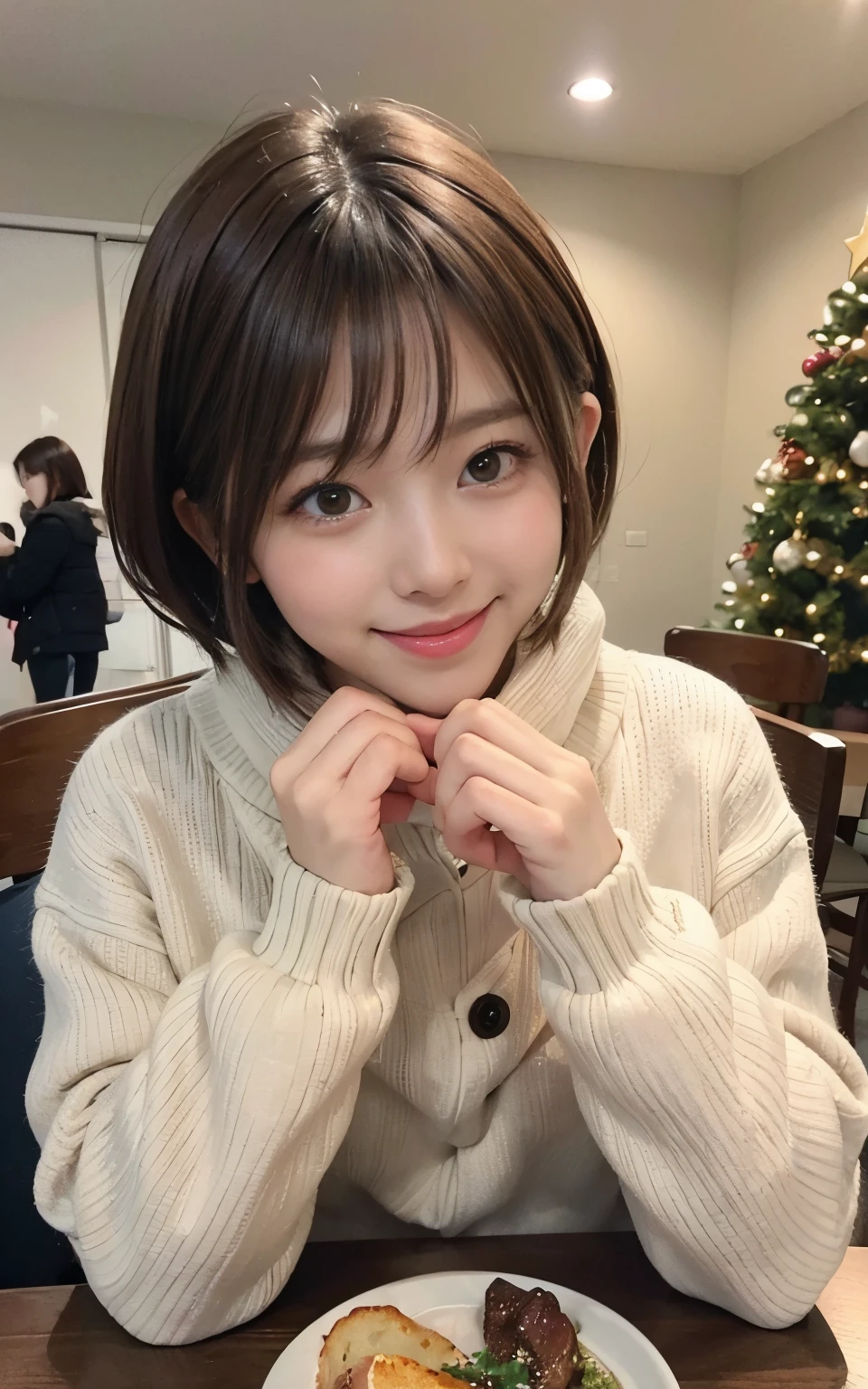Best-quality, Masterpiece, Ultra-High-Resolution, (Photorealistic:1.4), Raw-Photo, Extremely-Detaied, Perfect-Anatomy, (front view), 1girl, 15-years-old, the most popular Japanese idol, wearing only loose- sweater with cute-pattern, ((((leaning forward, dowbluse)))), looking at viewer, innocent smile, extremely beautiful abundant cleavage, extremely beautiful big breasts, extremely cute face like a most famous Japanese idol, extremely beautiful big black solid circle eyes, extremely beautiful hair, extremely beautiful lips, extremely beautiful long-eyelashes, detailed loose- sweater-with-cute-design