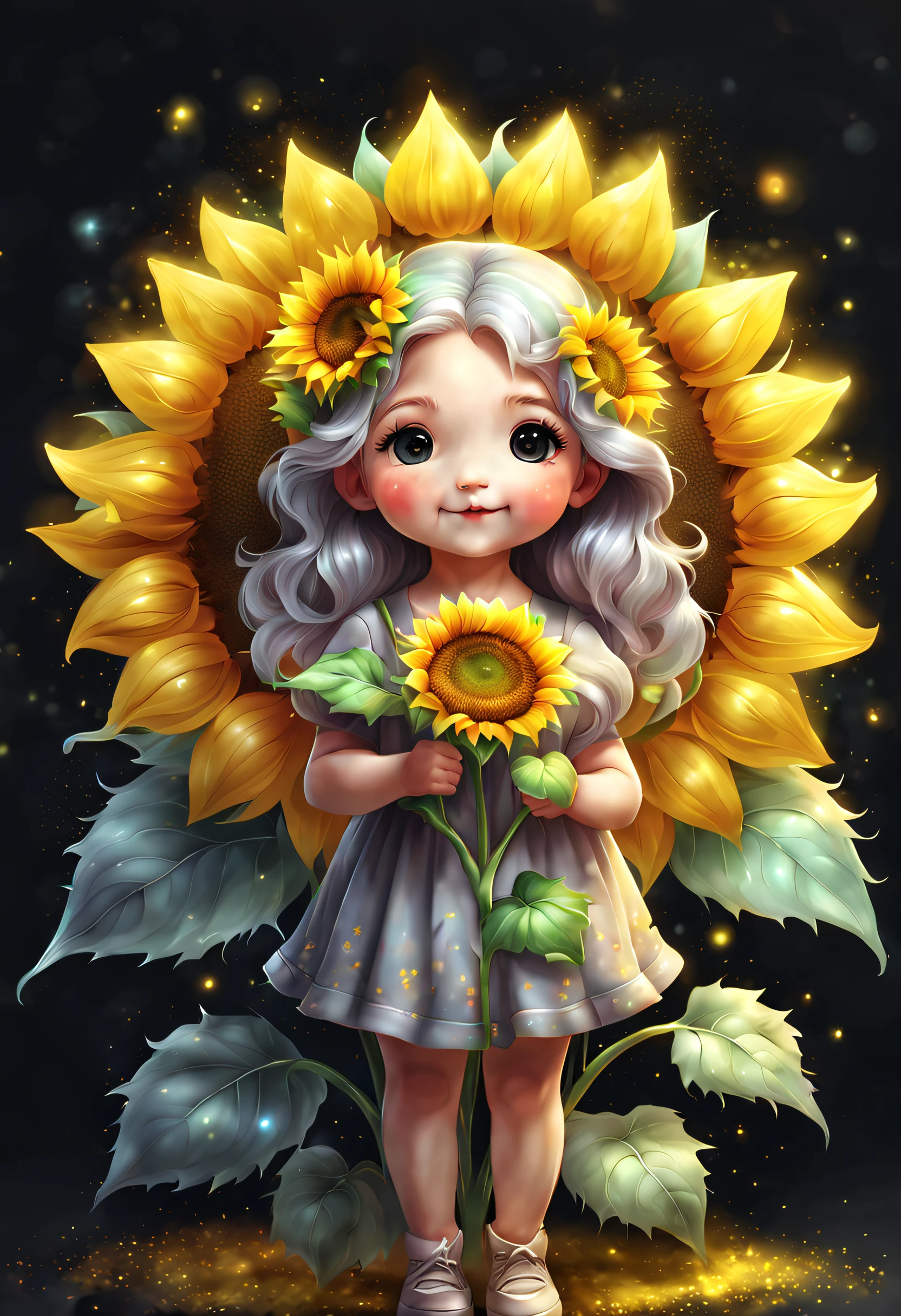 Glowing magical cute sunflower in chalk gray style, 8K,Irridescent color, kawaii, Cute big breasts, number art, high high quality, The content is very detailed