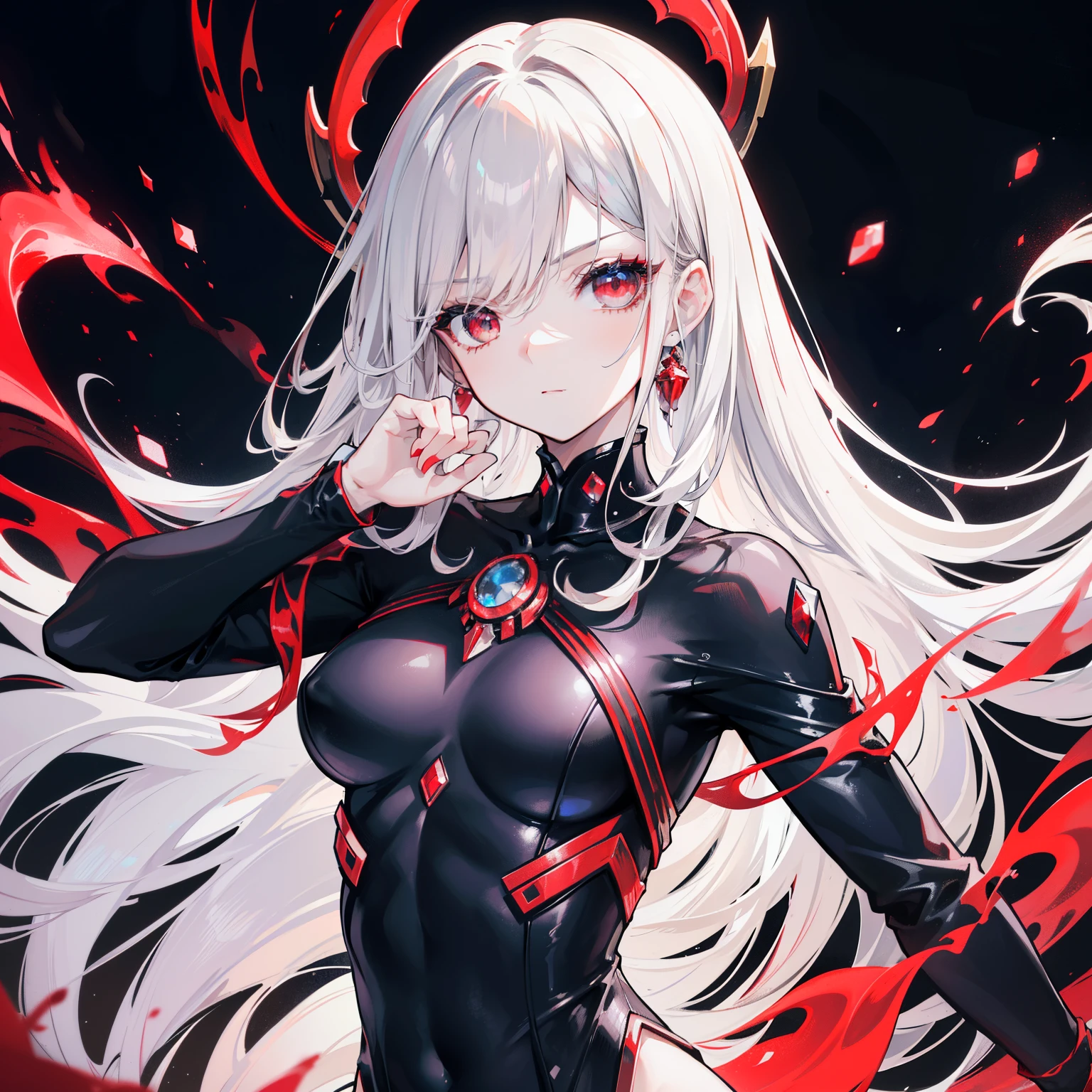 (Elaborate Eyes),(clear and beautiful eyes:1.6),masutepiece, 1 Women,(Black clothes and red jewelry:1.3), (cabelos preto e longos:1.443), (There is one red gem on the chest),nice hand,((starcraft promoter)),(The whole picture),battle posture,(flying pose),High Definition,((one hand holds a red fire)),(Red Eyes:1.4),arrogant expression,(Please wear one helmet),(tiny chest),(Beautiful face),(fully body photo:1.2111),Beautiful hands,(lare breasts:1.22),small nose,Vene