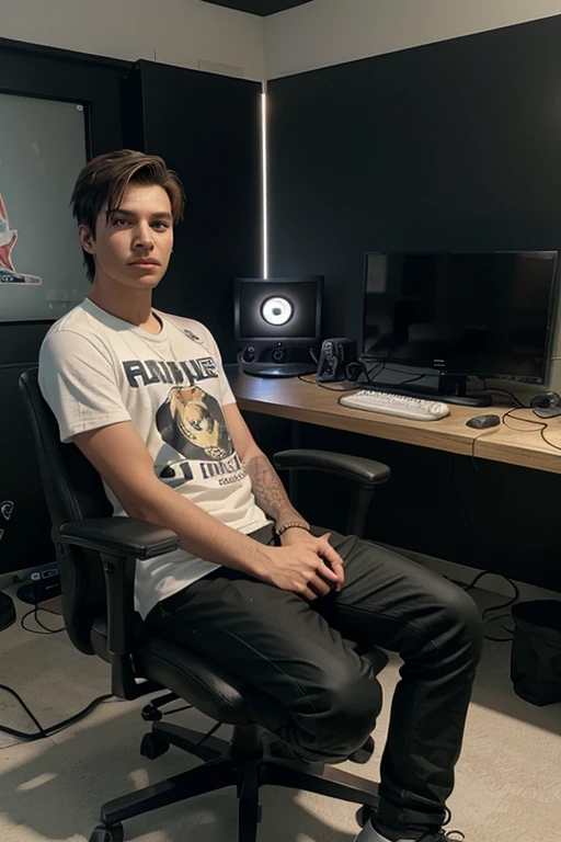 young male, teenage, gamer, playing game GTA VI infront of his gaming desk with a gaming chair and a gaming setup room decor and cartoon render .