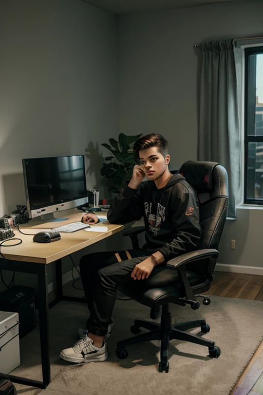 young male, teenage, gamer, playing game GTA VI infront of his gaming desk with a gaming chair and a gaming setup room decor and cartoon render .