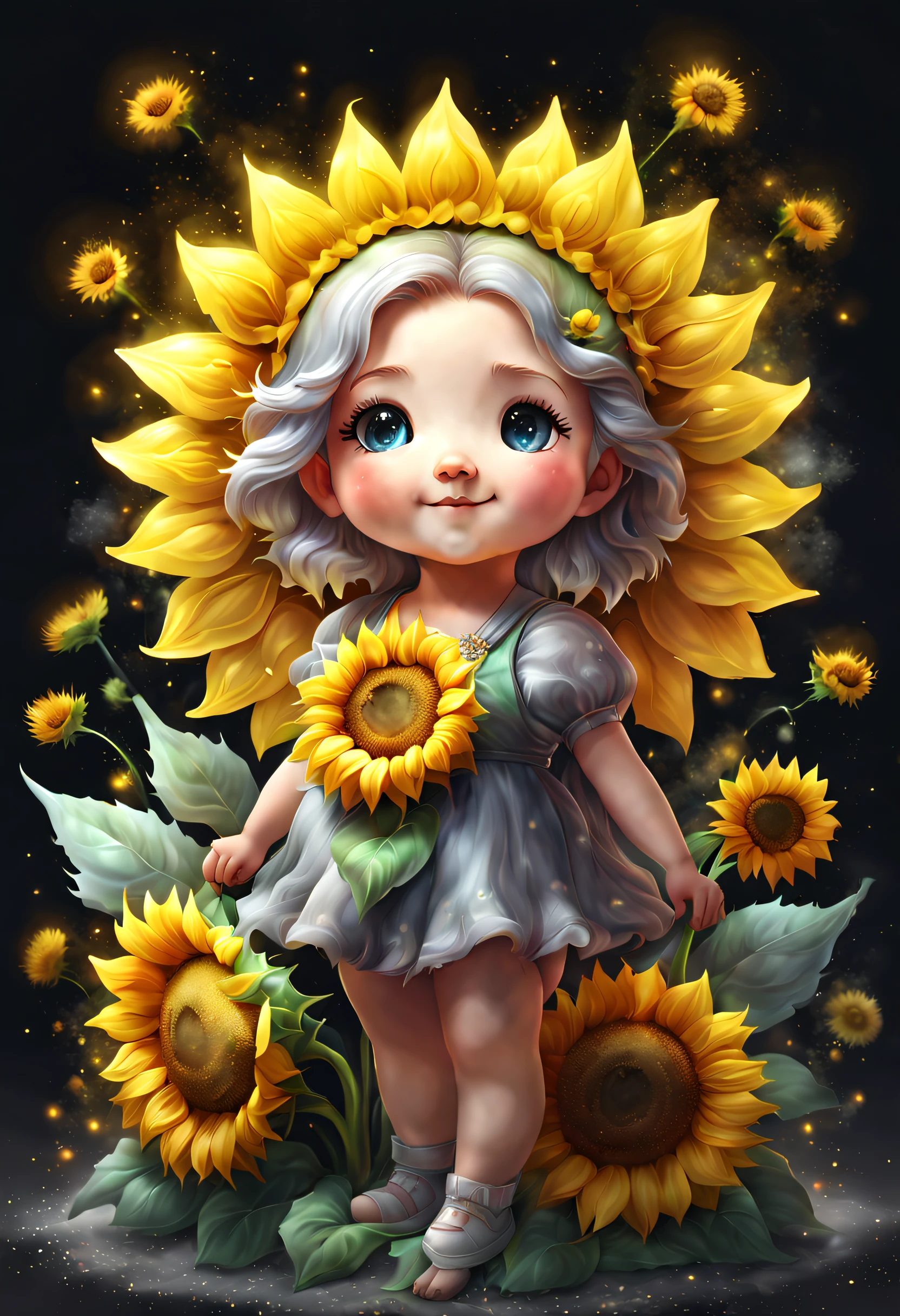Glowing magical cute sunflower in chalk gray style, 8K,Irridescent color, kawaii, Cute big breasts, number art, high high quality, The content is very detailed