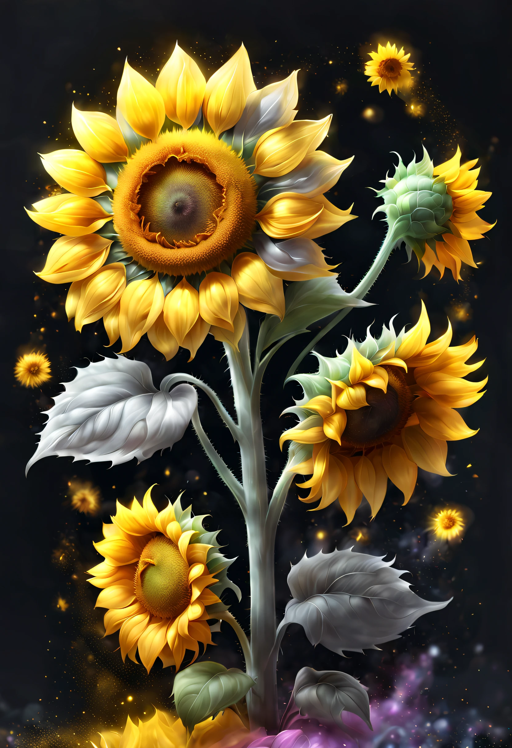 Glowing magical cute sunflower in chalk gray style, 8K,Irridescent color, kawaii, Cute big breasts, number art, high high quality, The content is very detailed